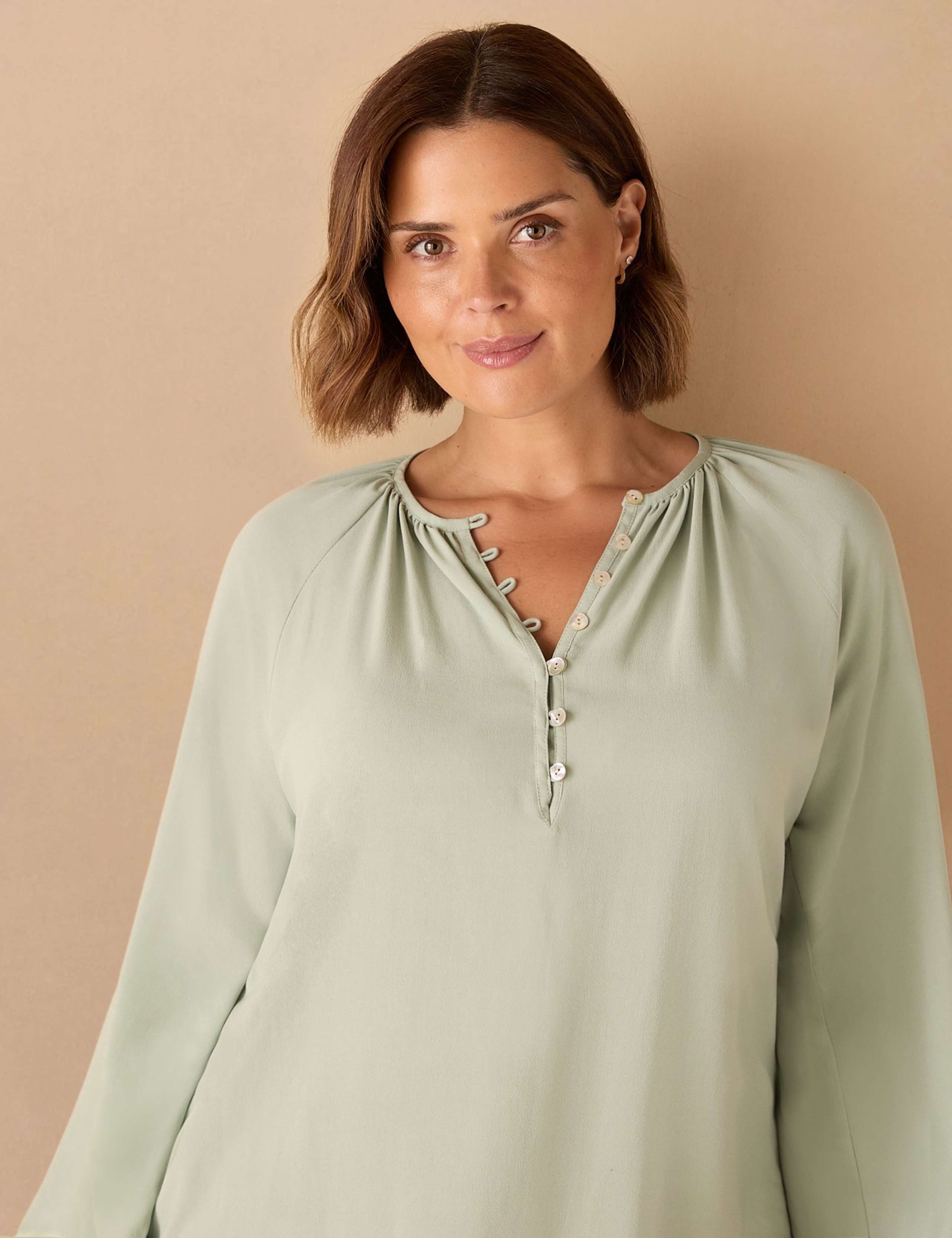 Round Neck Tie Front Blouson Sleeve Blouse 2 of 4