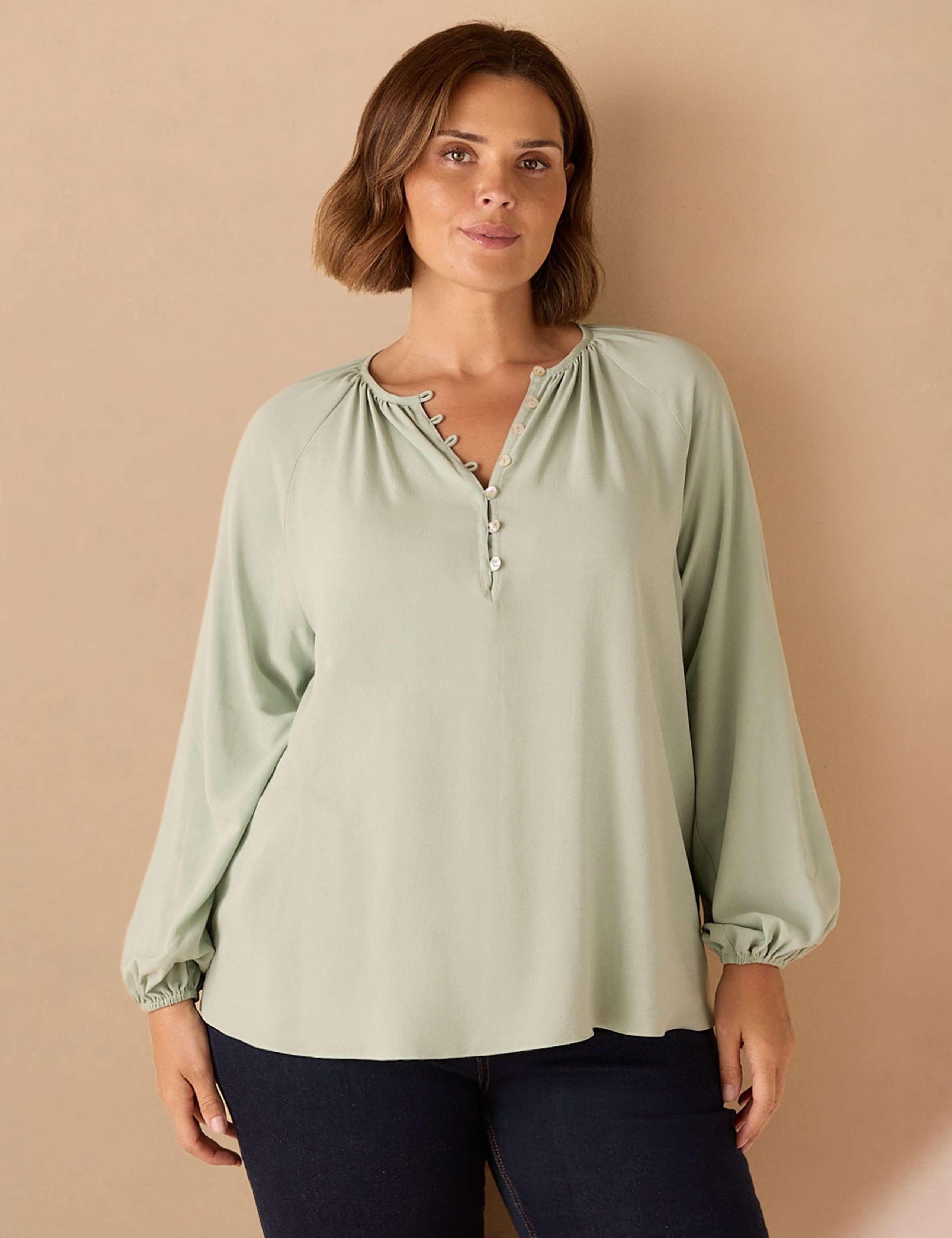 Round Neck Tie Front Blouson Sleeve Blouse 3 of 4