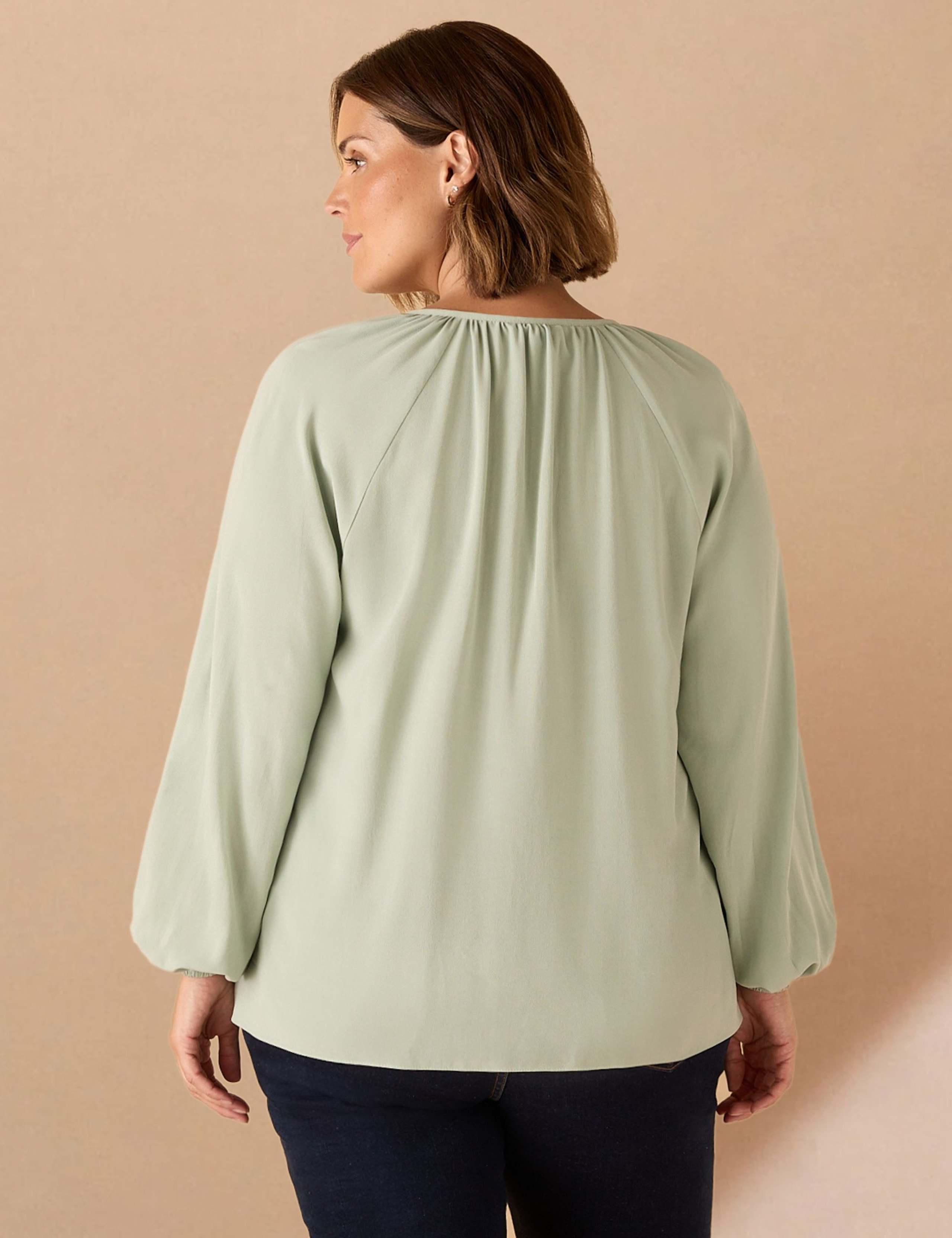 Round Neck Tie Front Blouson Sleeve Blouse 4 of 4