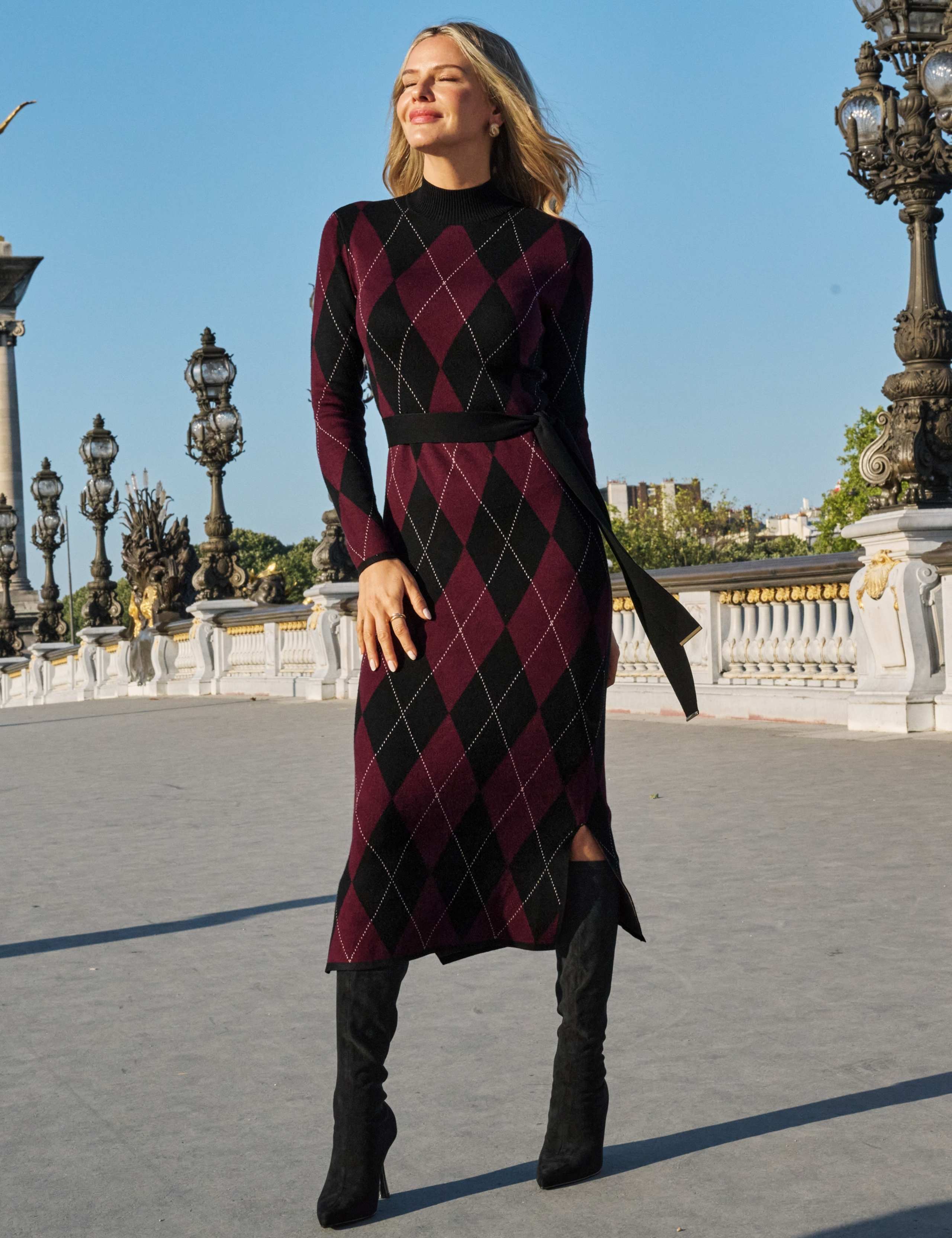 Argyle Roll Neck Knitted Midi Dress 3 of 6