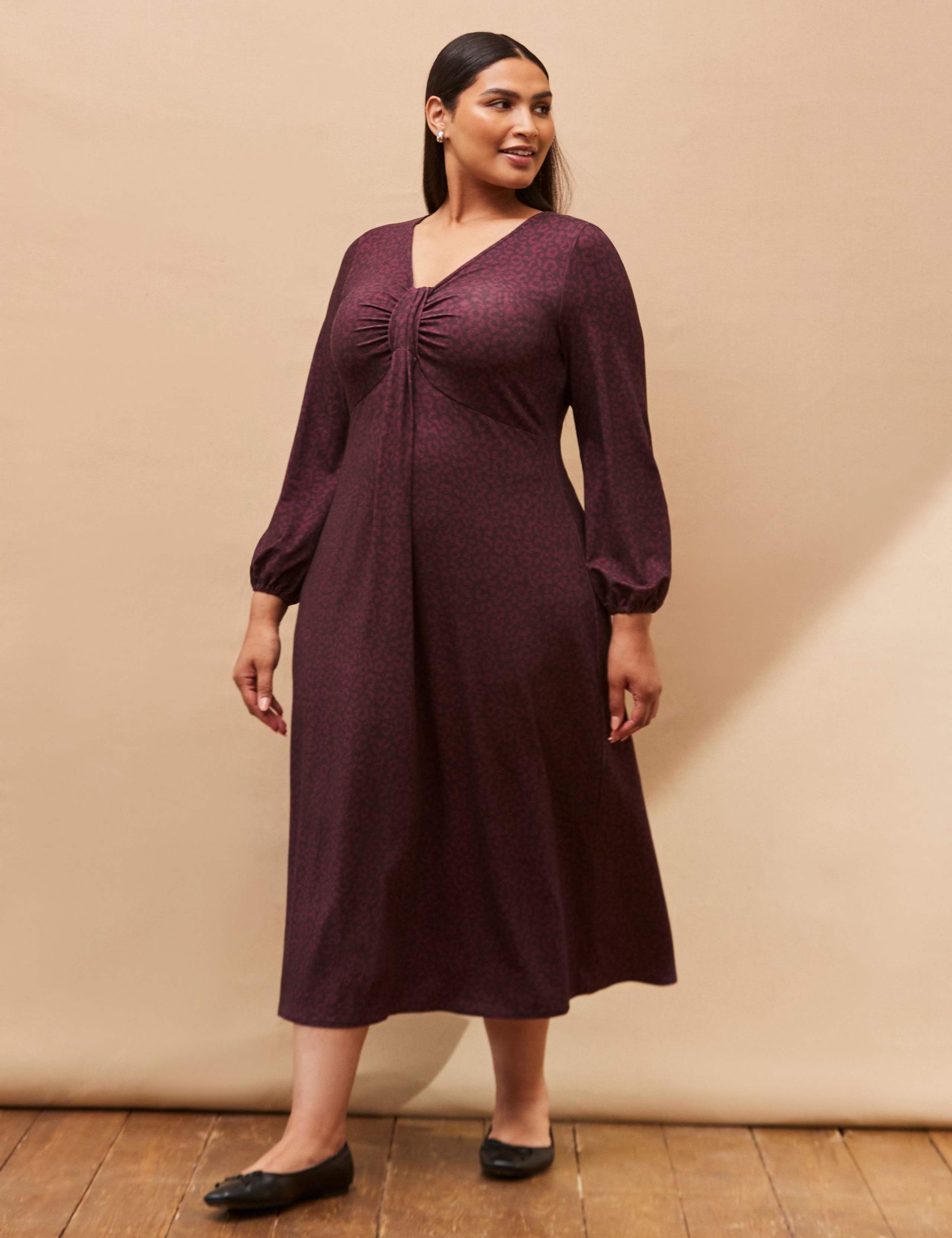 Printed V-Neck Blouson Sleeve Midi Tea Dress 2 of 3