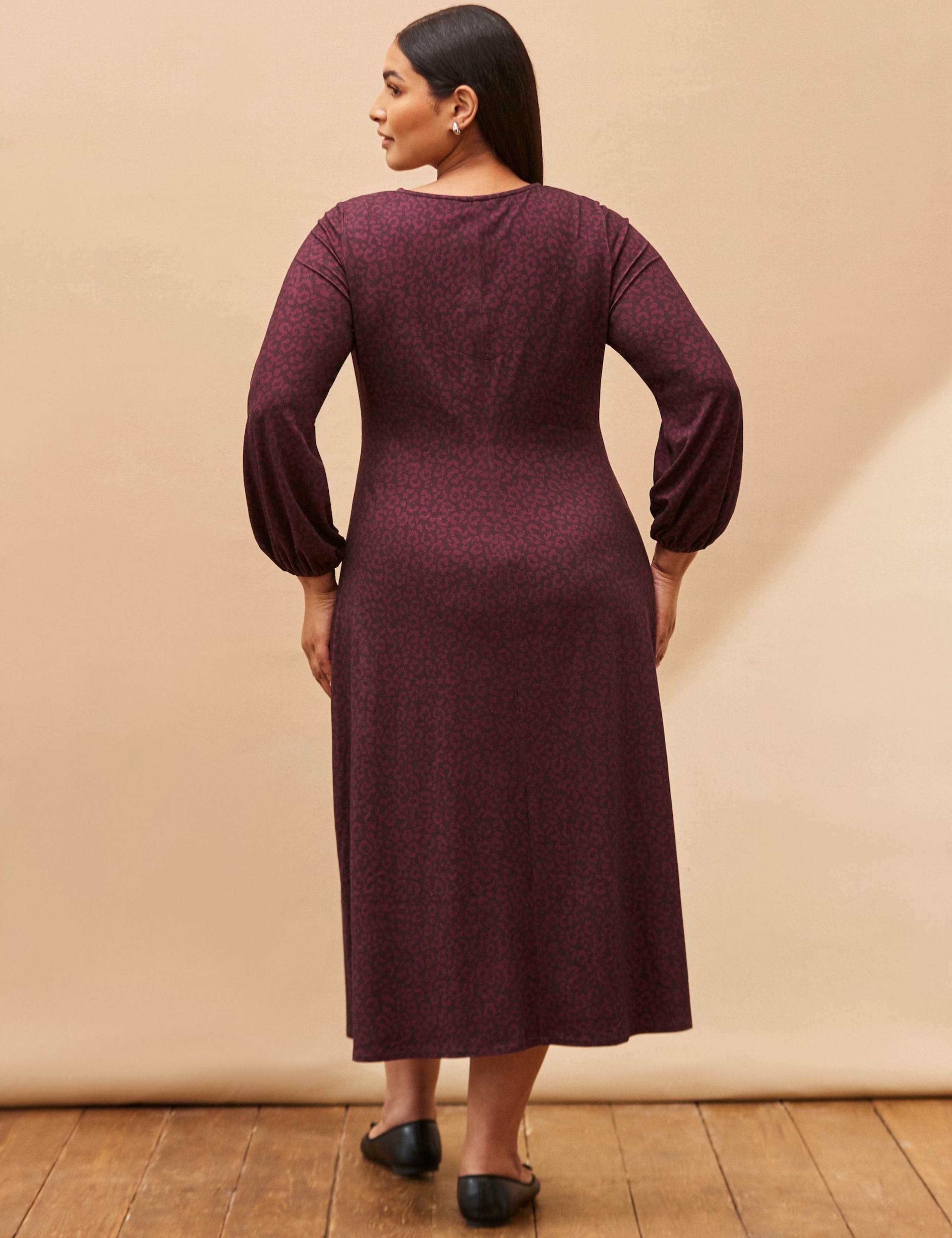 Printed V-Neck Blouson Sleeve Midi Dress 3 of 4