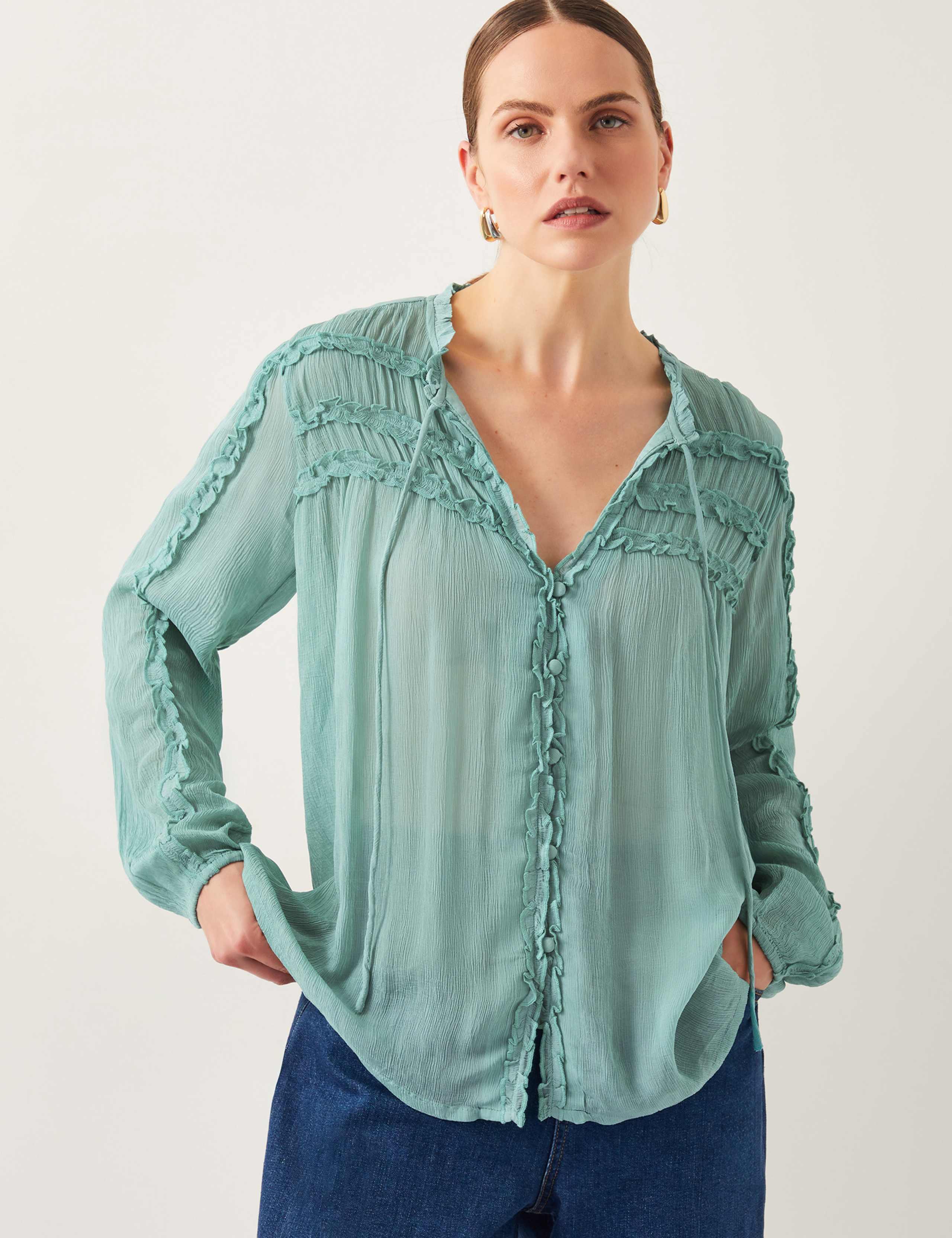 Tie Neck Button Through Ruffle Blouse 1 of 4