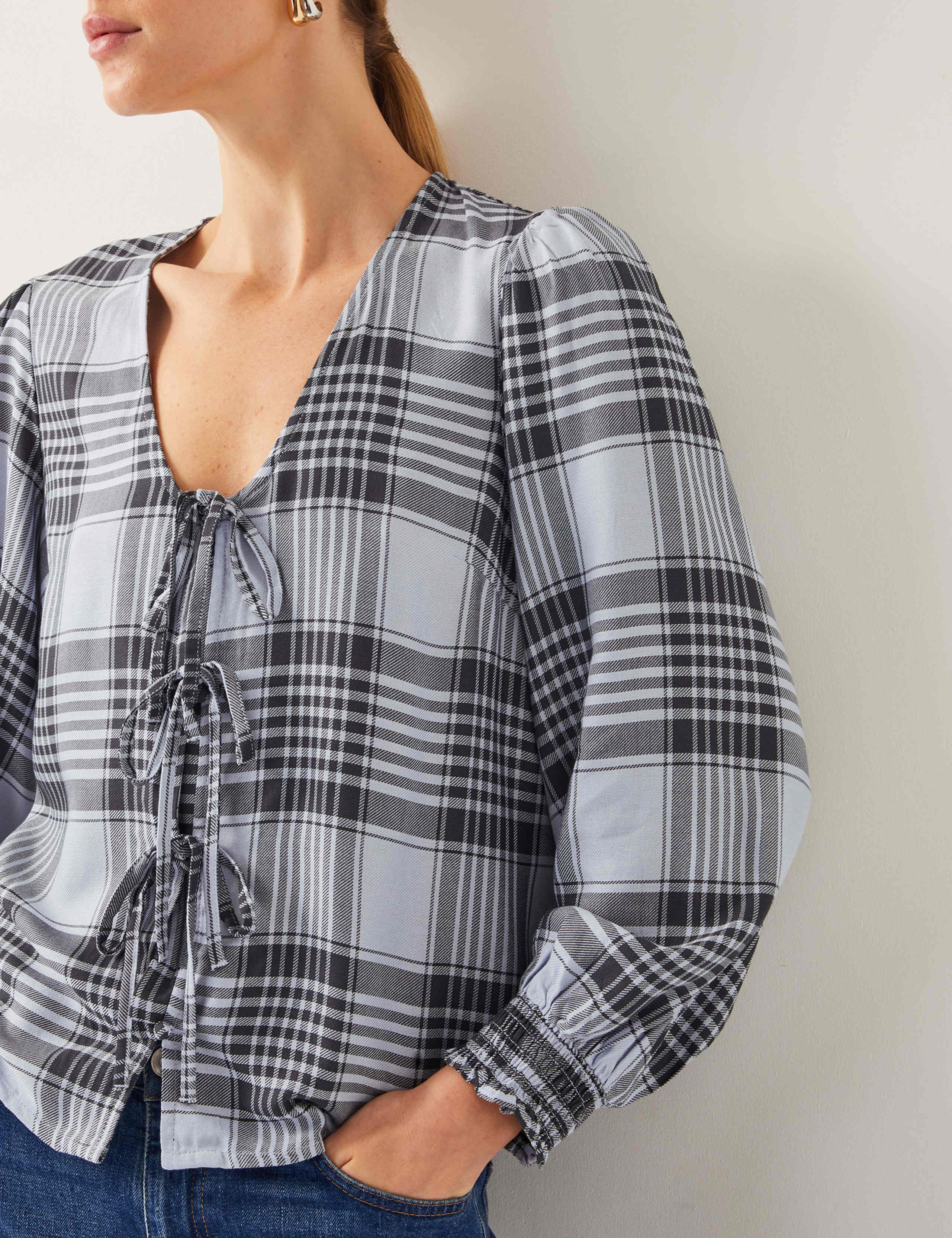 Checked V-Neck Tie Front Puff Sleeve Blouse 2 of 4