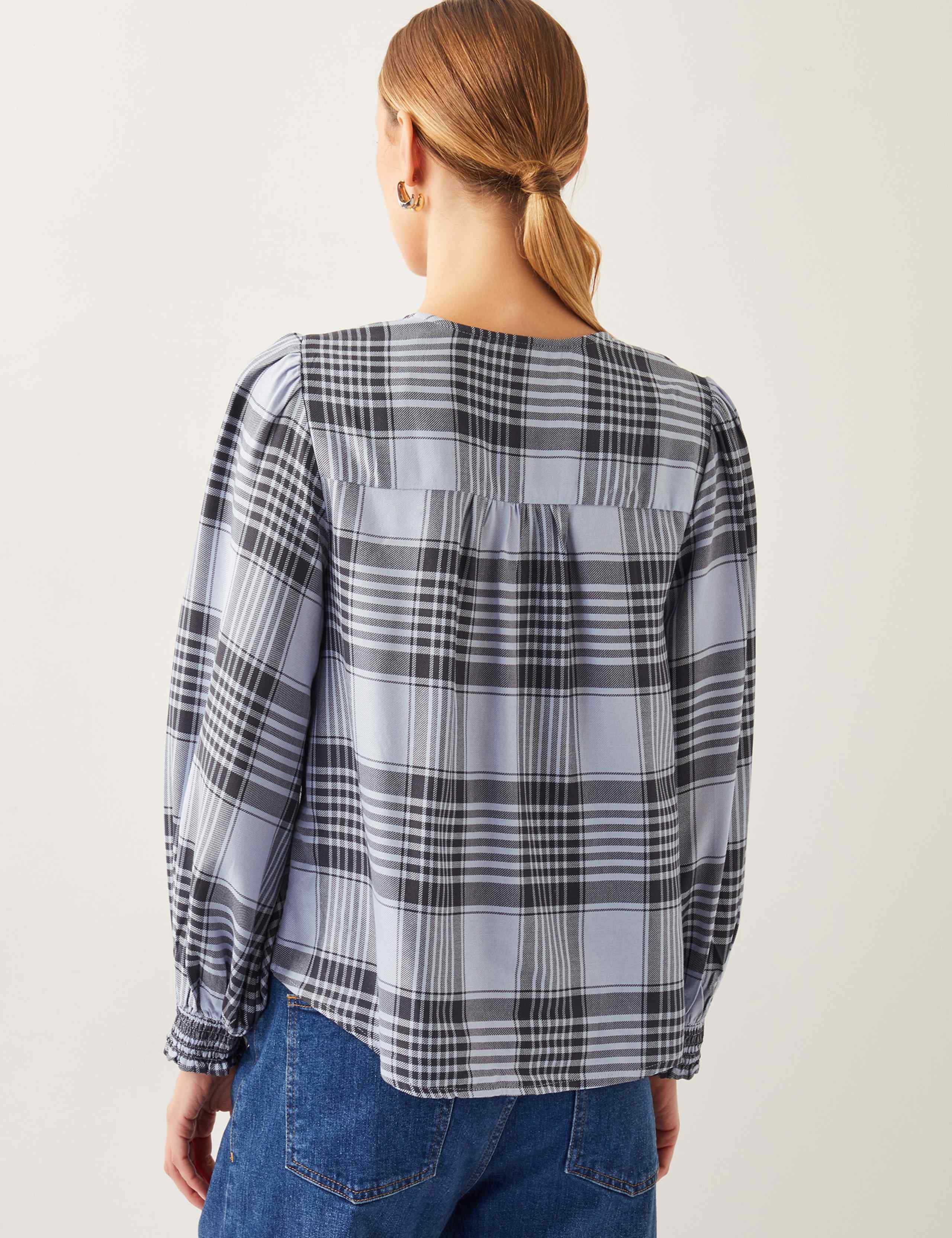 Checked V-Neck Tie Front Puff Sleeve Blouse 4 of 4