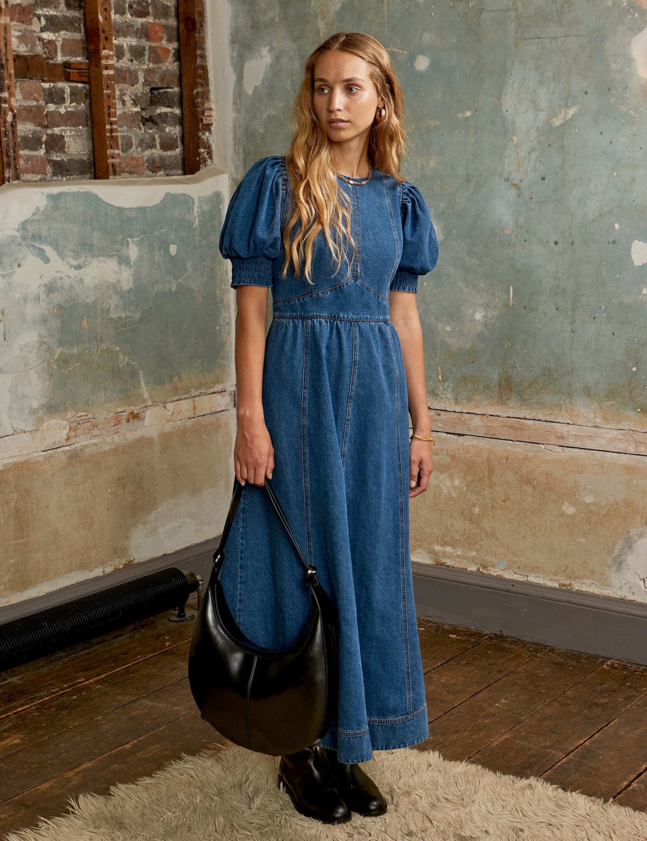 Denim Puff Sleeve Midaxi Waisted Dress 2 of 5