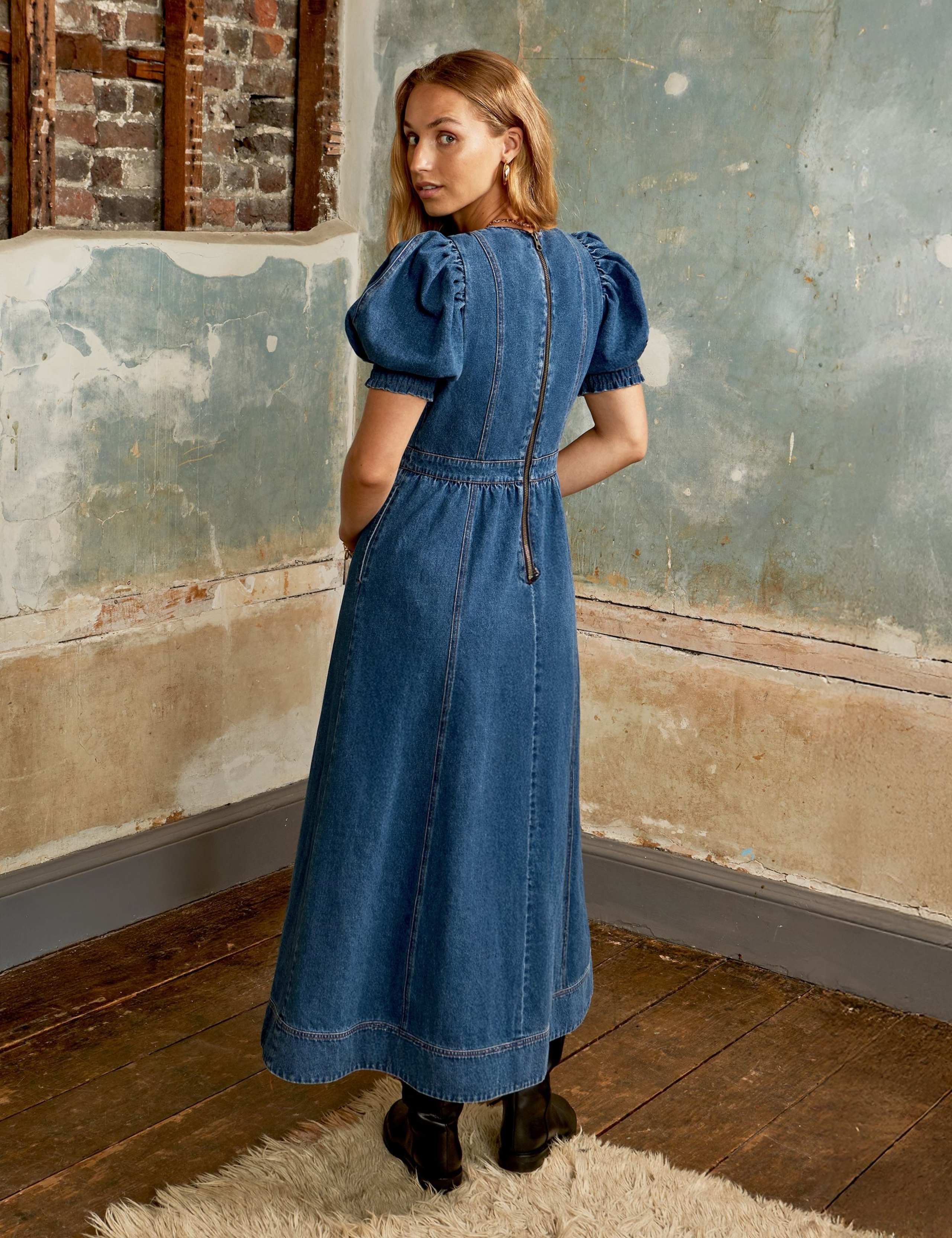 Denim Puff Sleeve Midaxi Waisted Dress 3 of 5