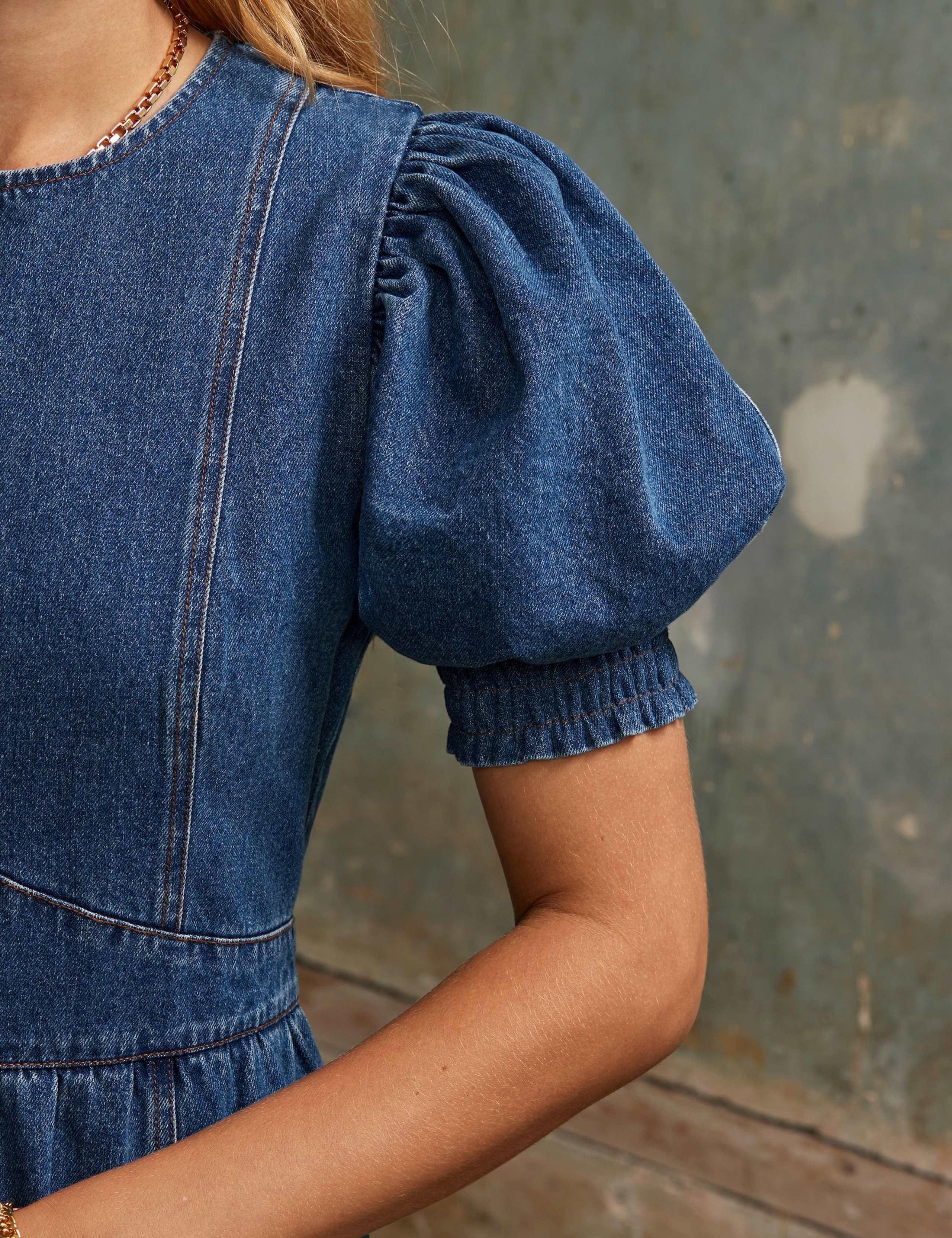 Denim Puff Sleeve Midaxi Waisted Dress 4 of 5