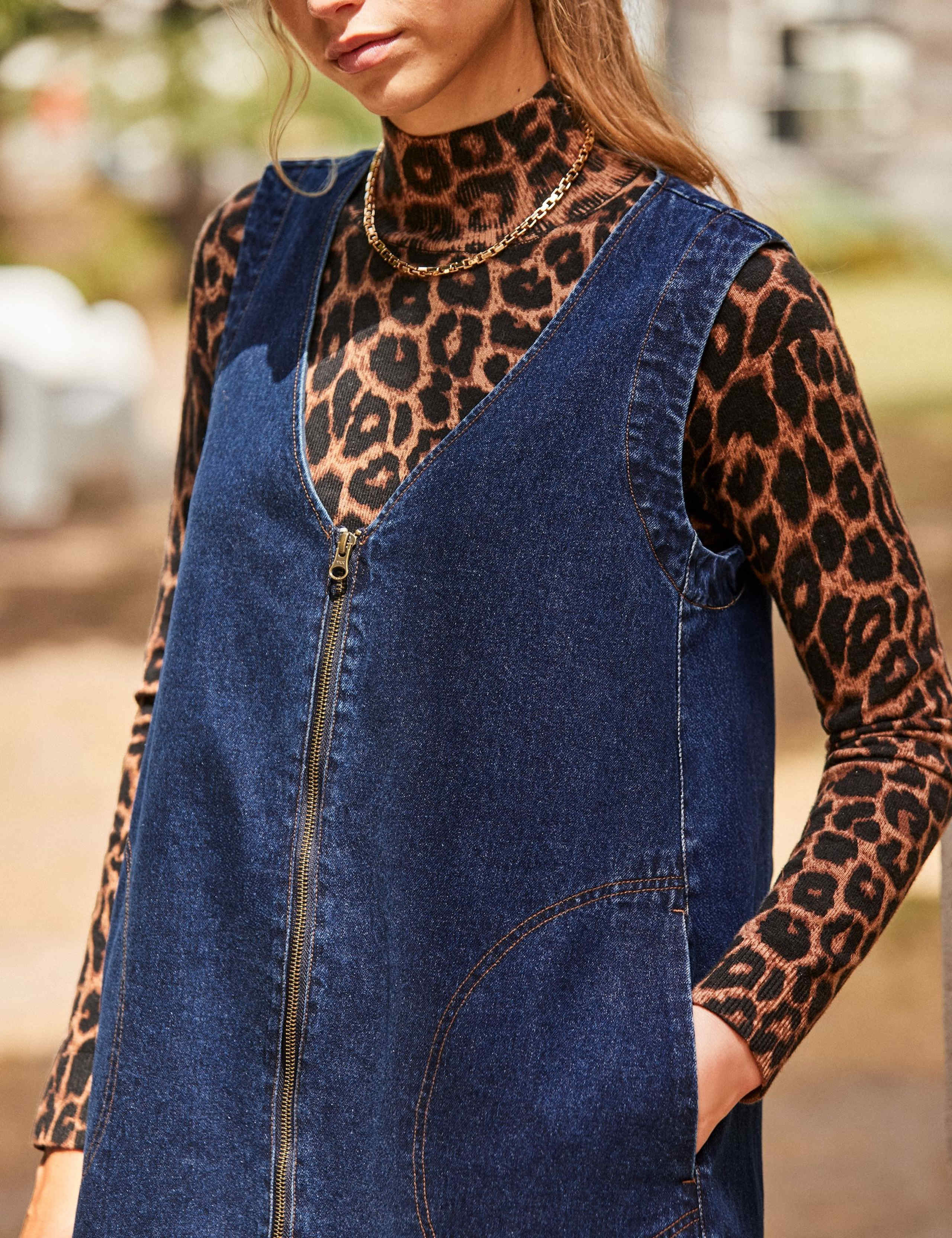 Denim V-Neck Zip Up Mini Shift Dress 3 of 5