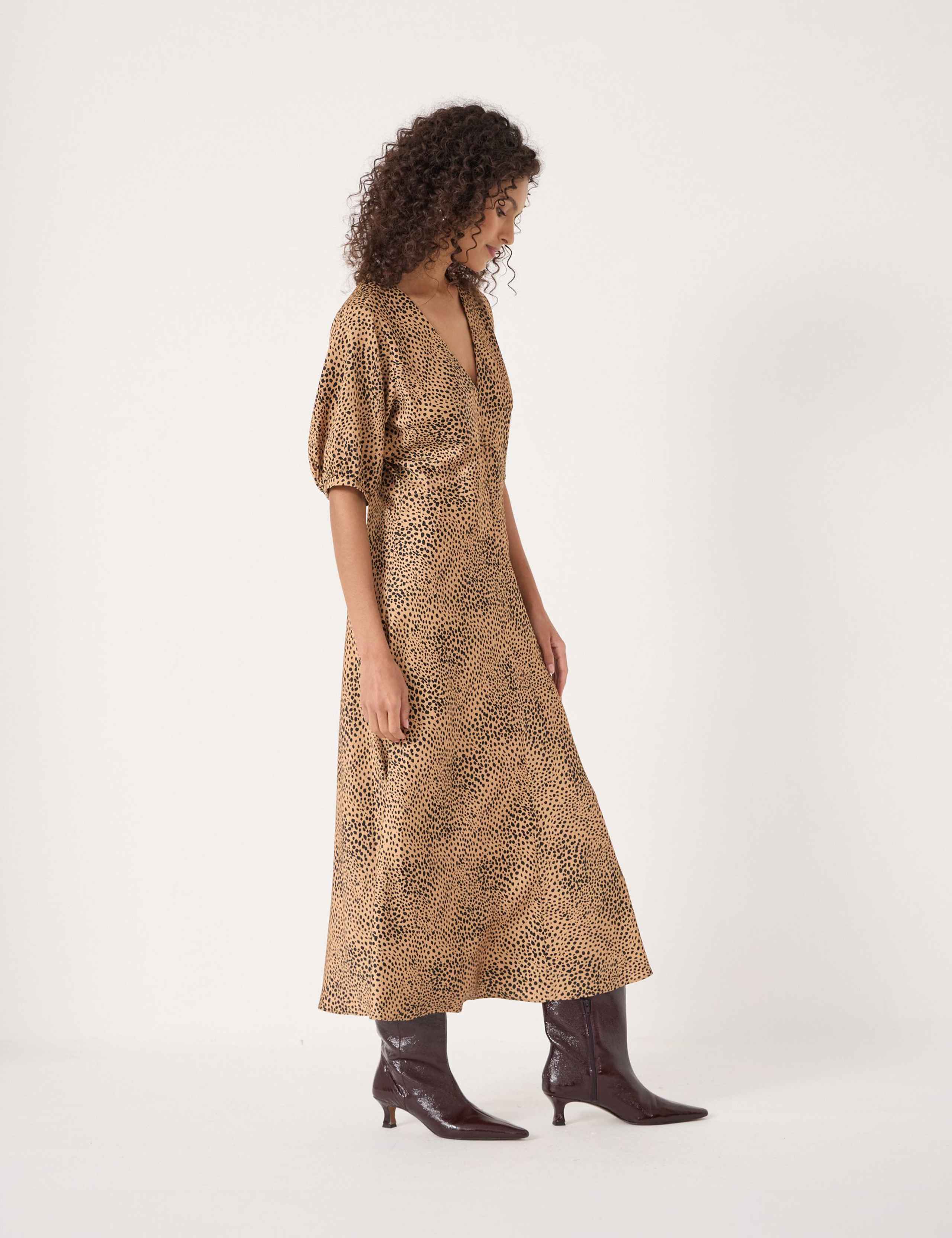 Satin Leopard Print V-Neck Puff Sleeve Midi Tea Dress 2 of 3