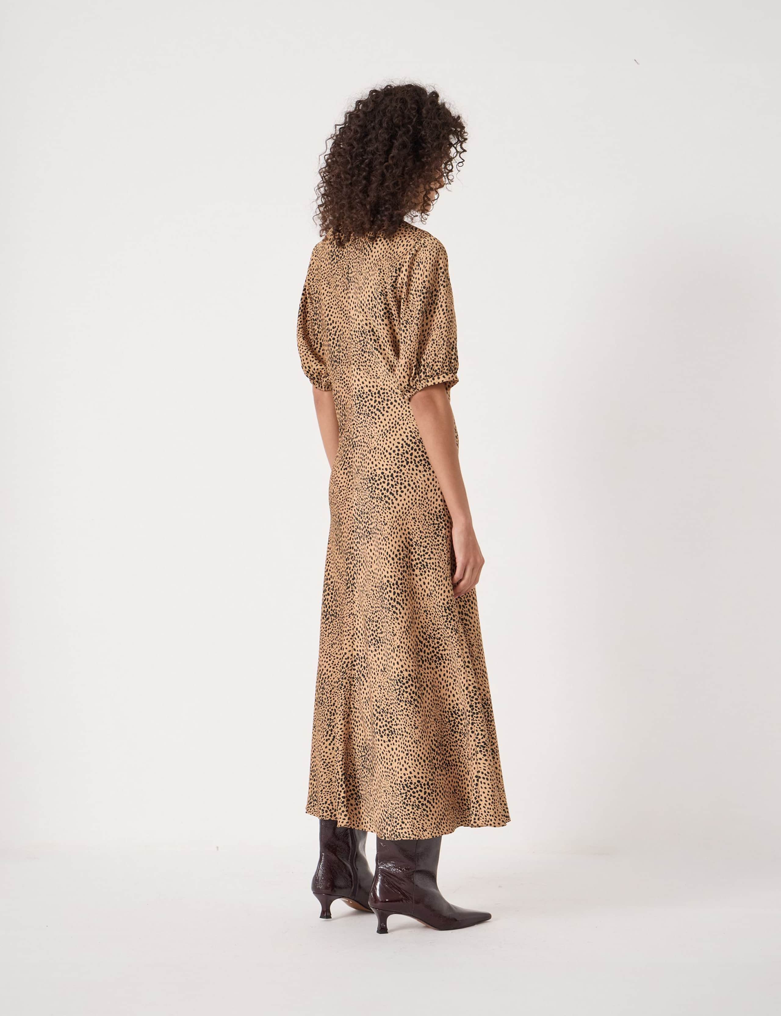 Satin Leopard Print V-Neck Puff Sleeve Midi Tea Dress 3 of 3