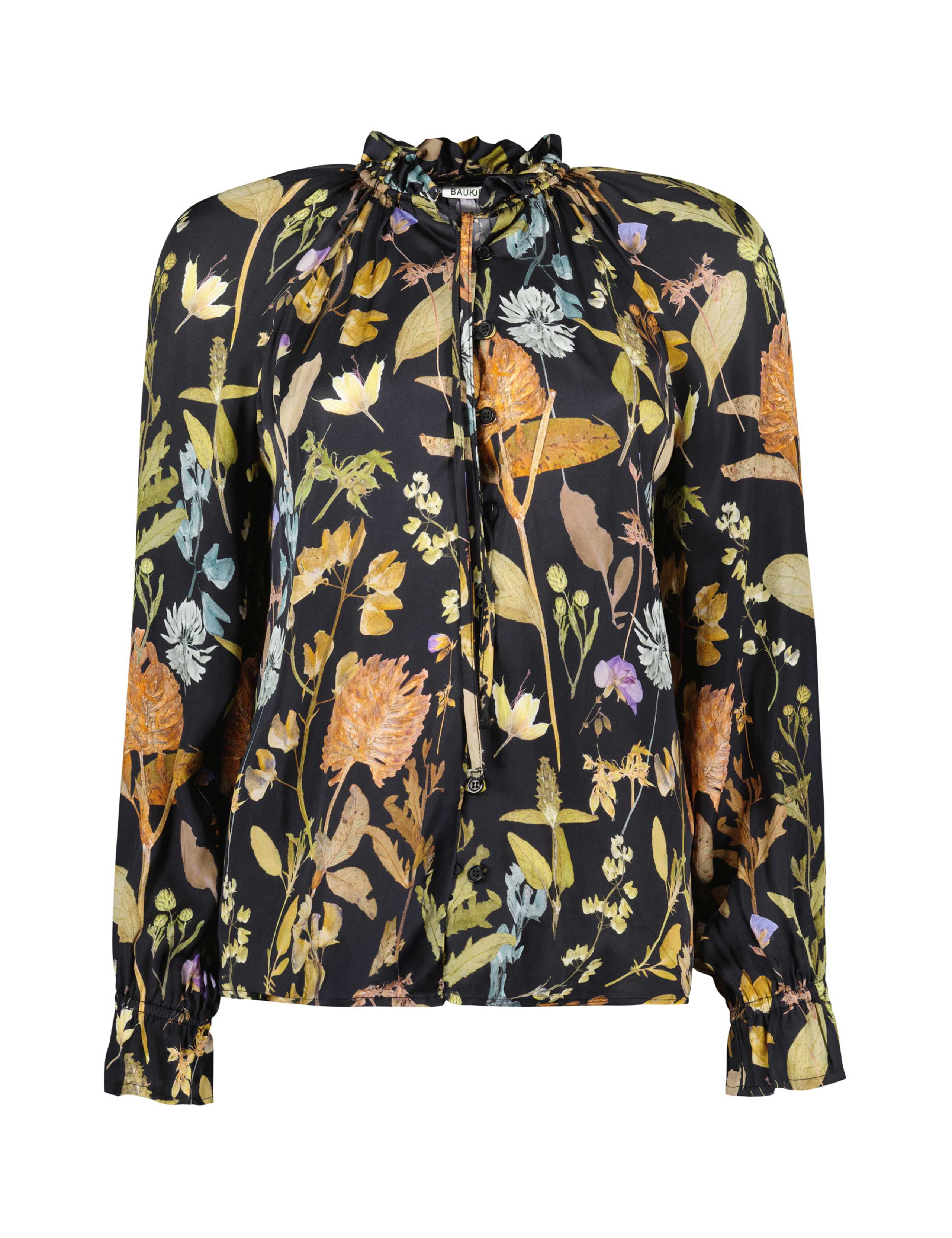 SATIN HIGH NECK BLOUSE WITH FLORAL BROOCH