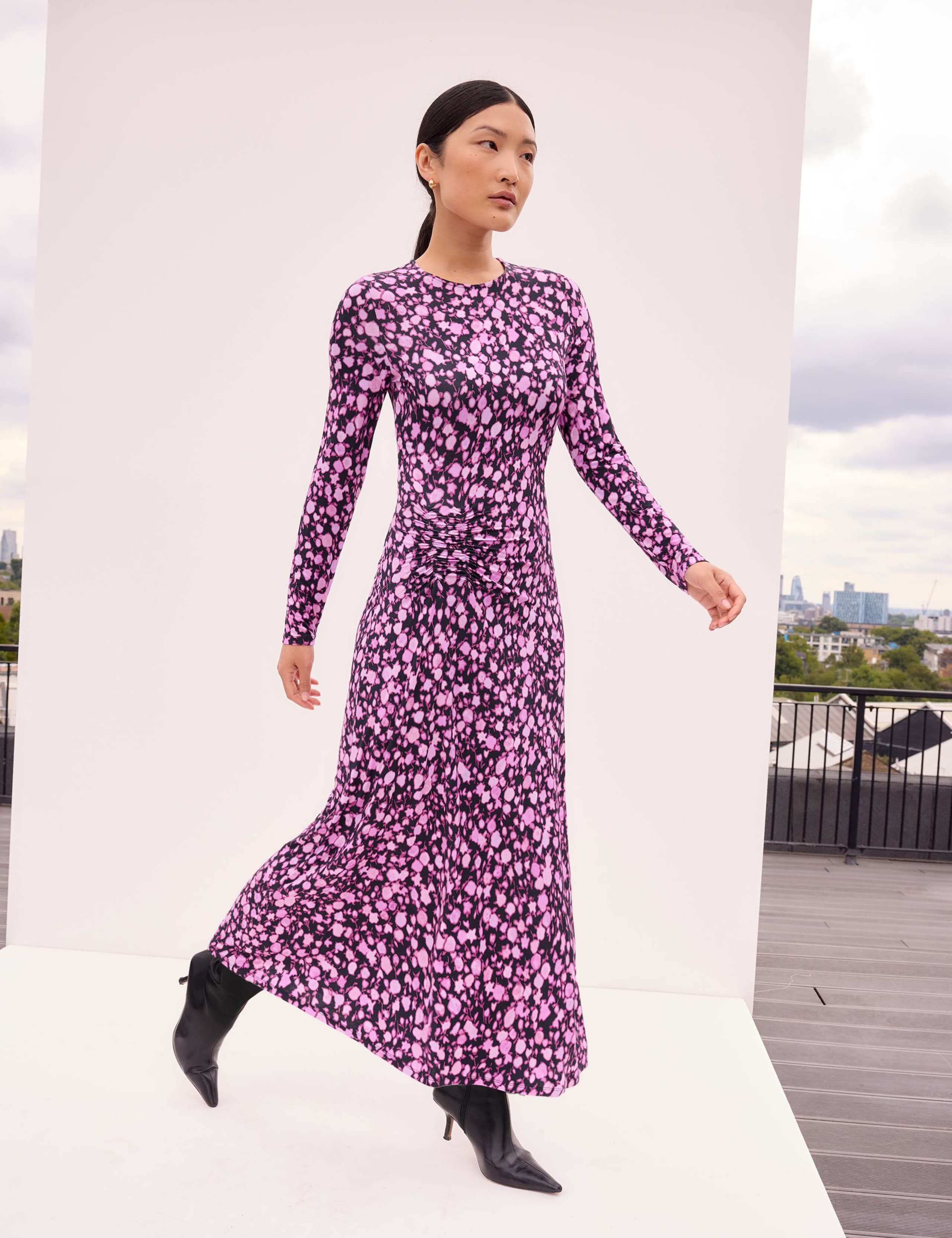 Pink Ruched Batik-Print Midaxi Dress 2 of 5