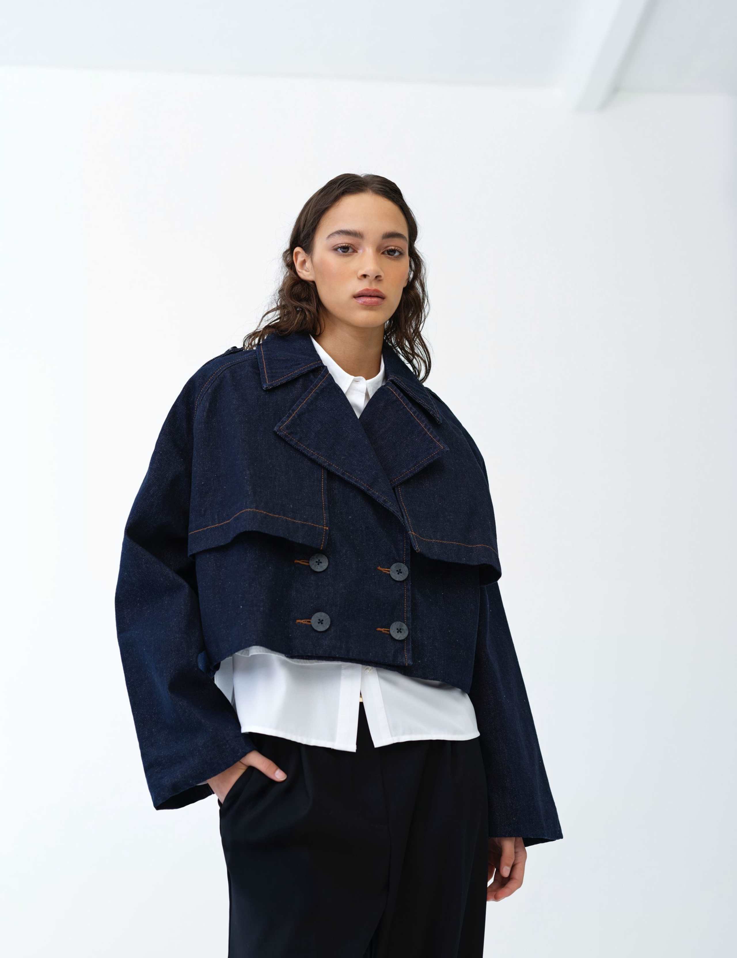 Denim Cropped Trench Coat 1 of 6