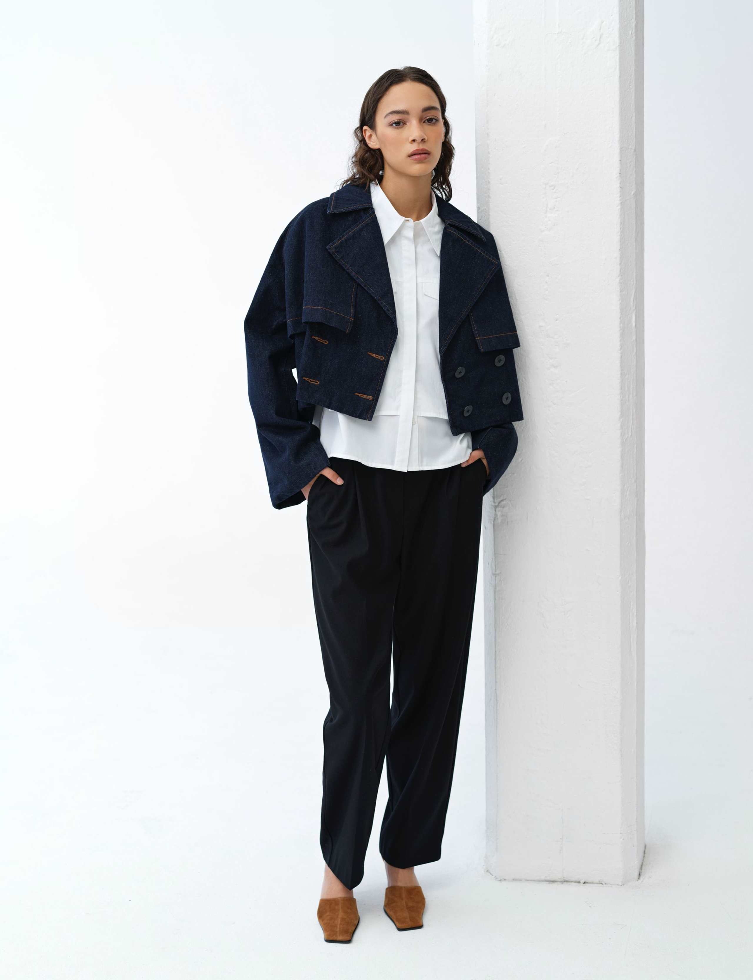 Denim Cropped Trench Coat 3 of 6