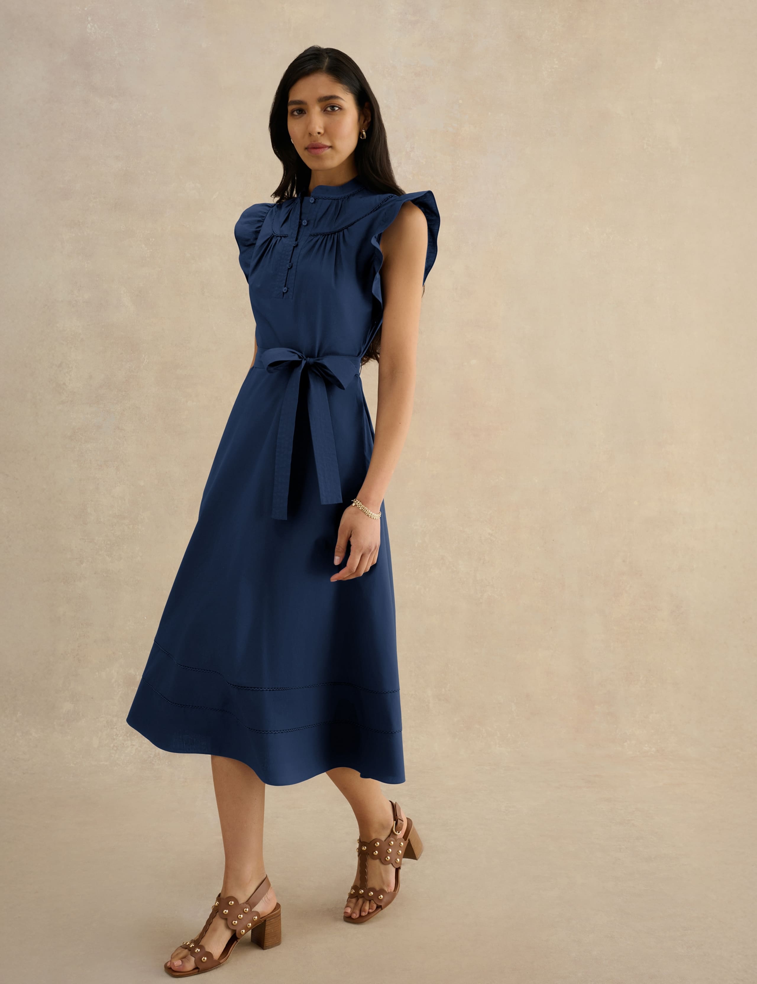 Pure Cotton High Neck Midi Waisted Dress 3 of 5