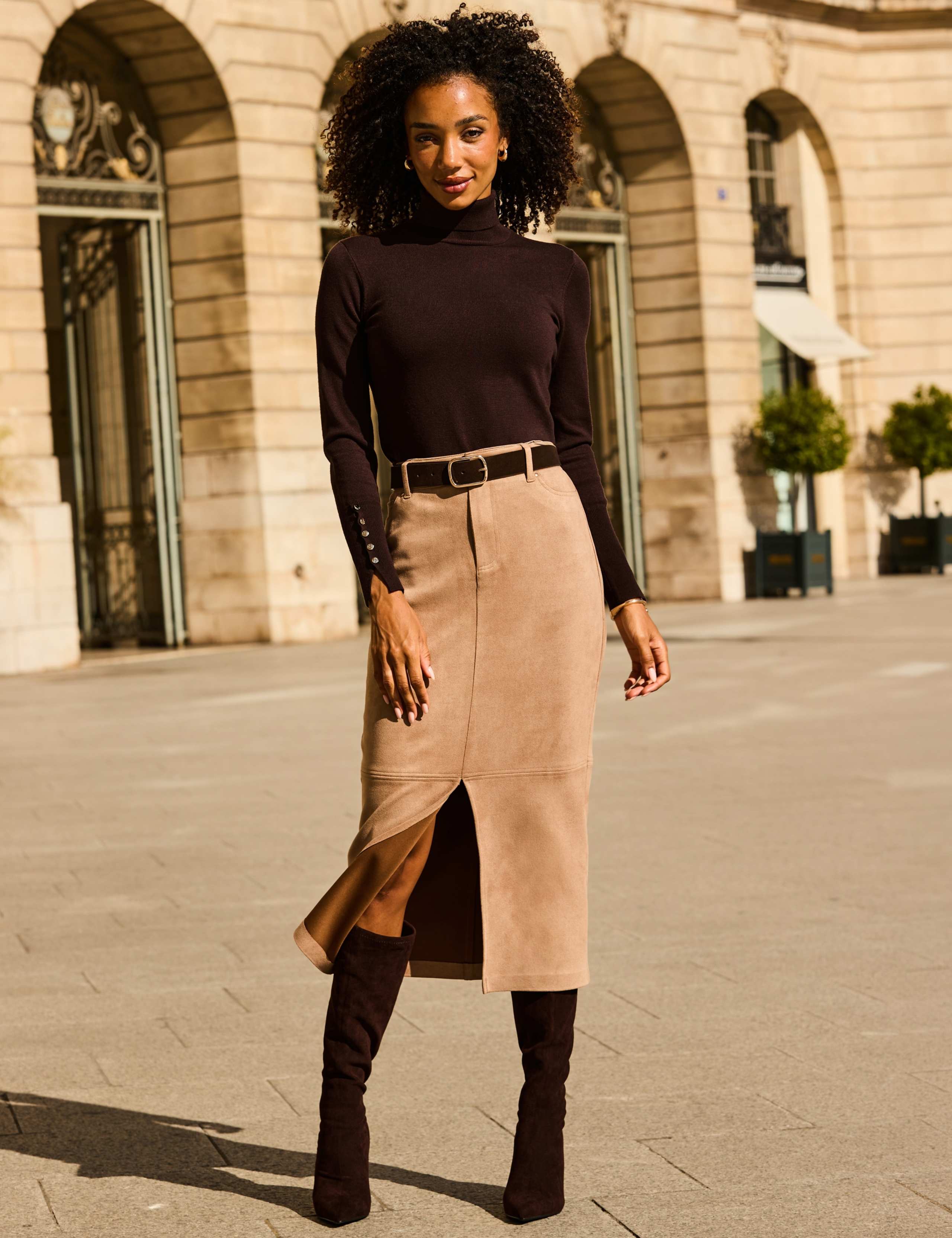 Faux Suede Split Front Midi Pencil Skirt 3 of 7