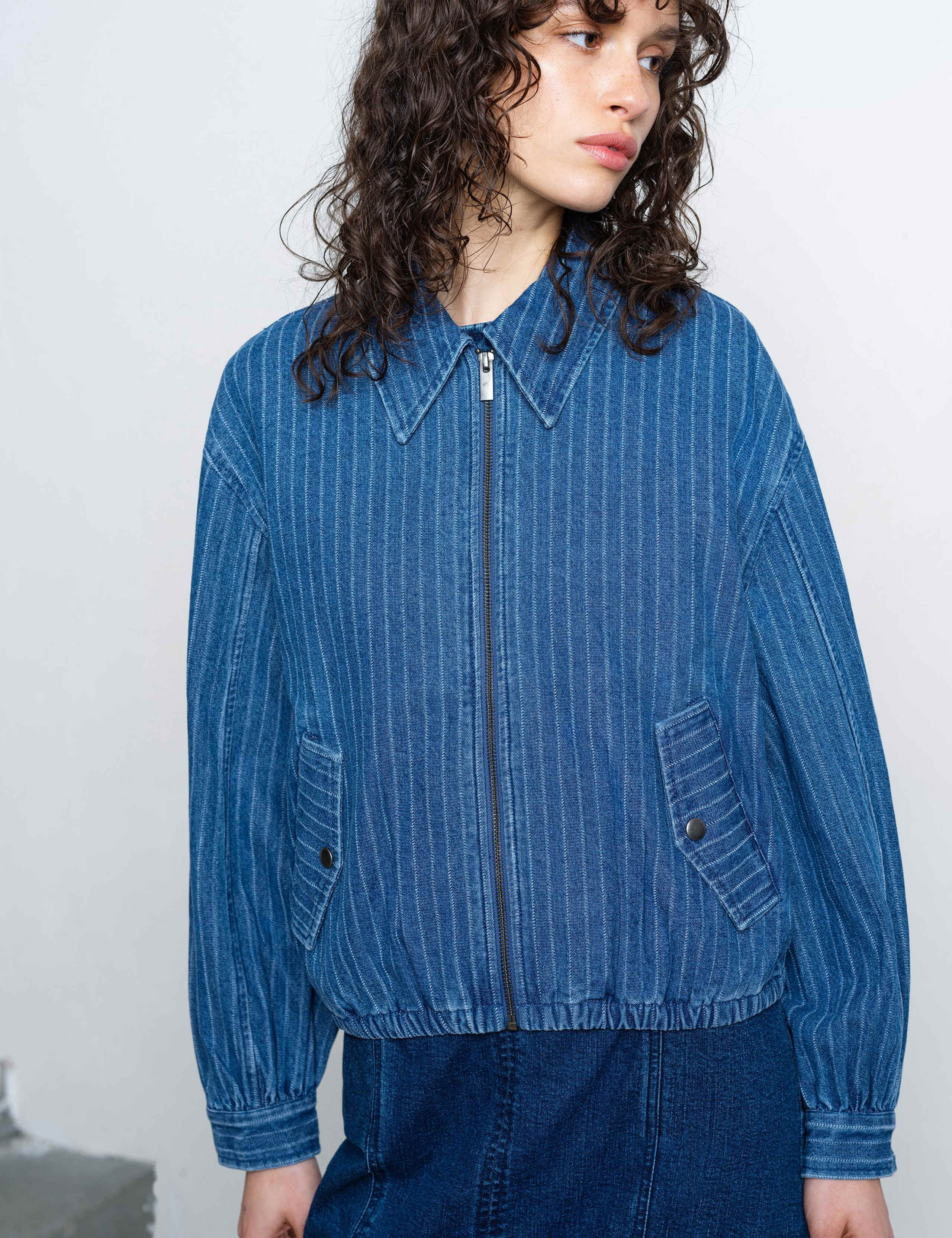 Denim Pinstriped Bomber Jacket 1 of 6