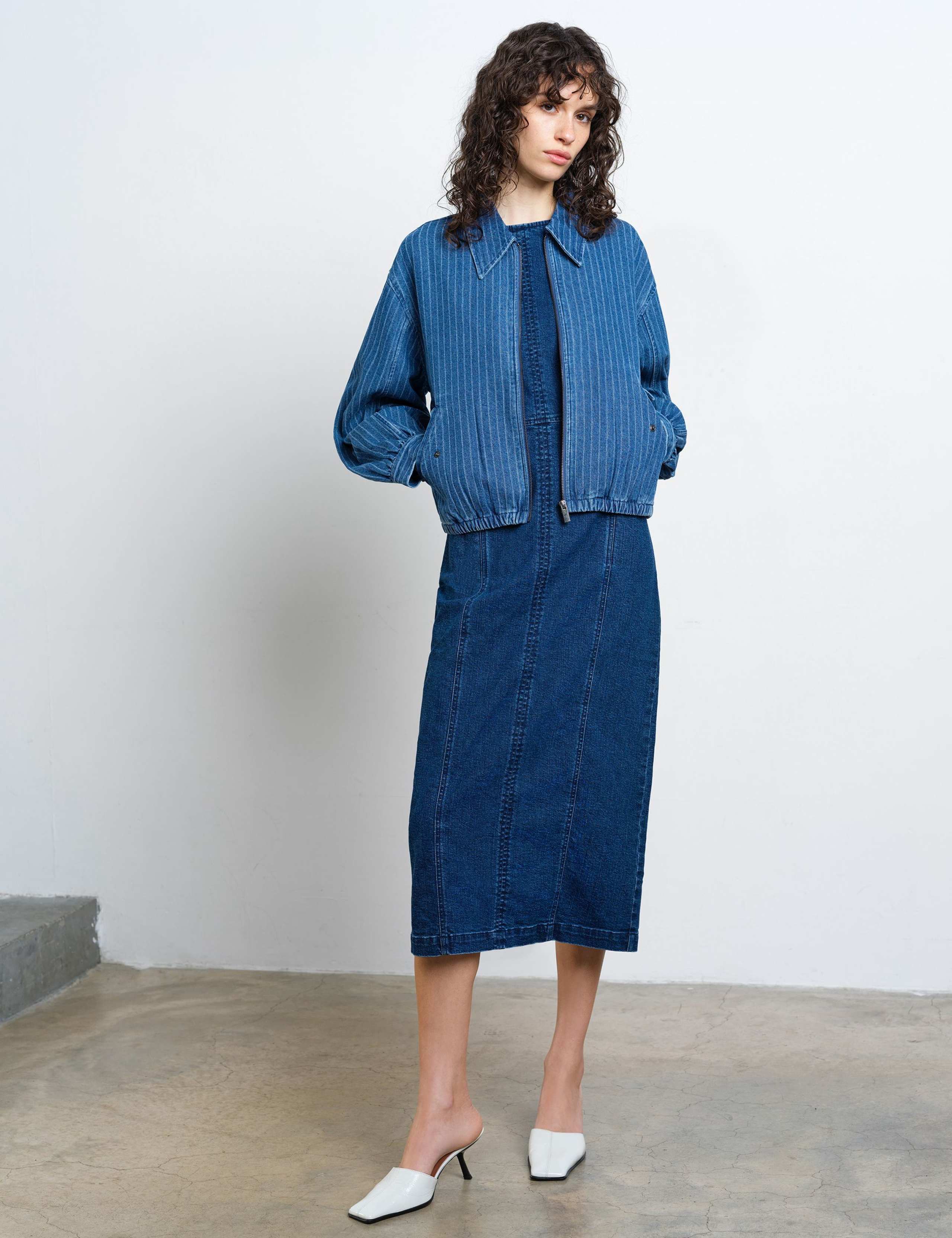 Denim Pinstriped Bomber Jacket 3 of 6