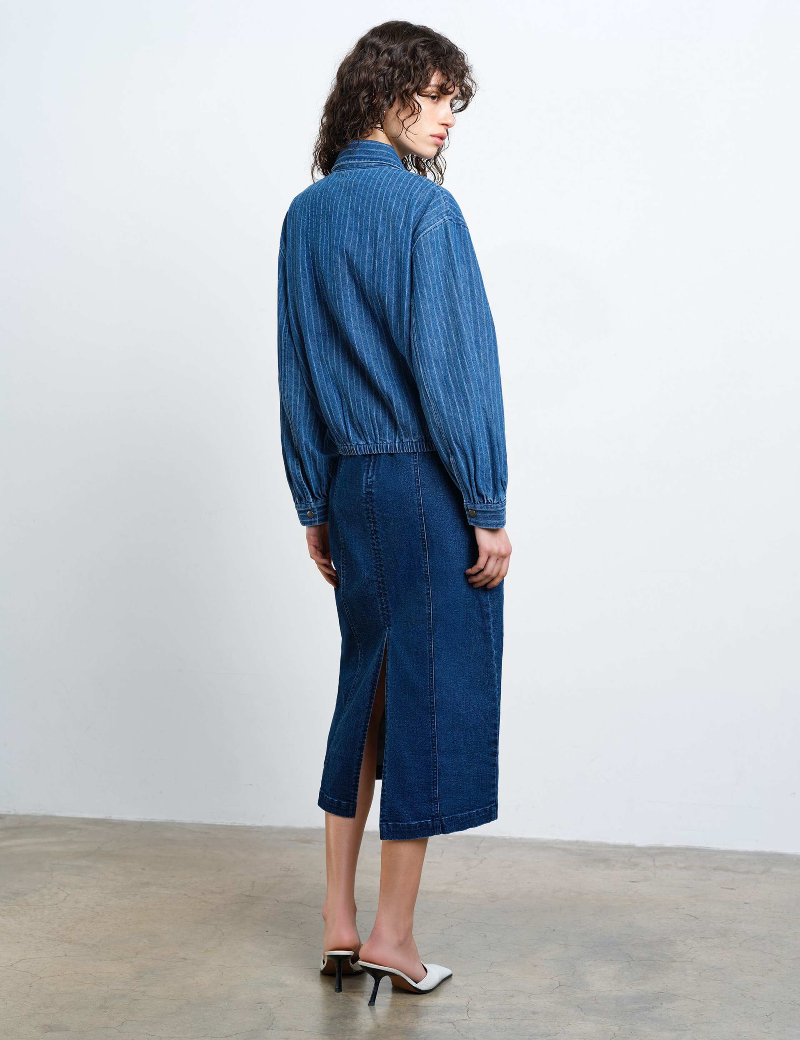 Denim Pinstriped Bomber Jacket 4 of 6