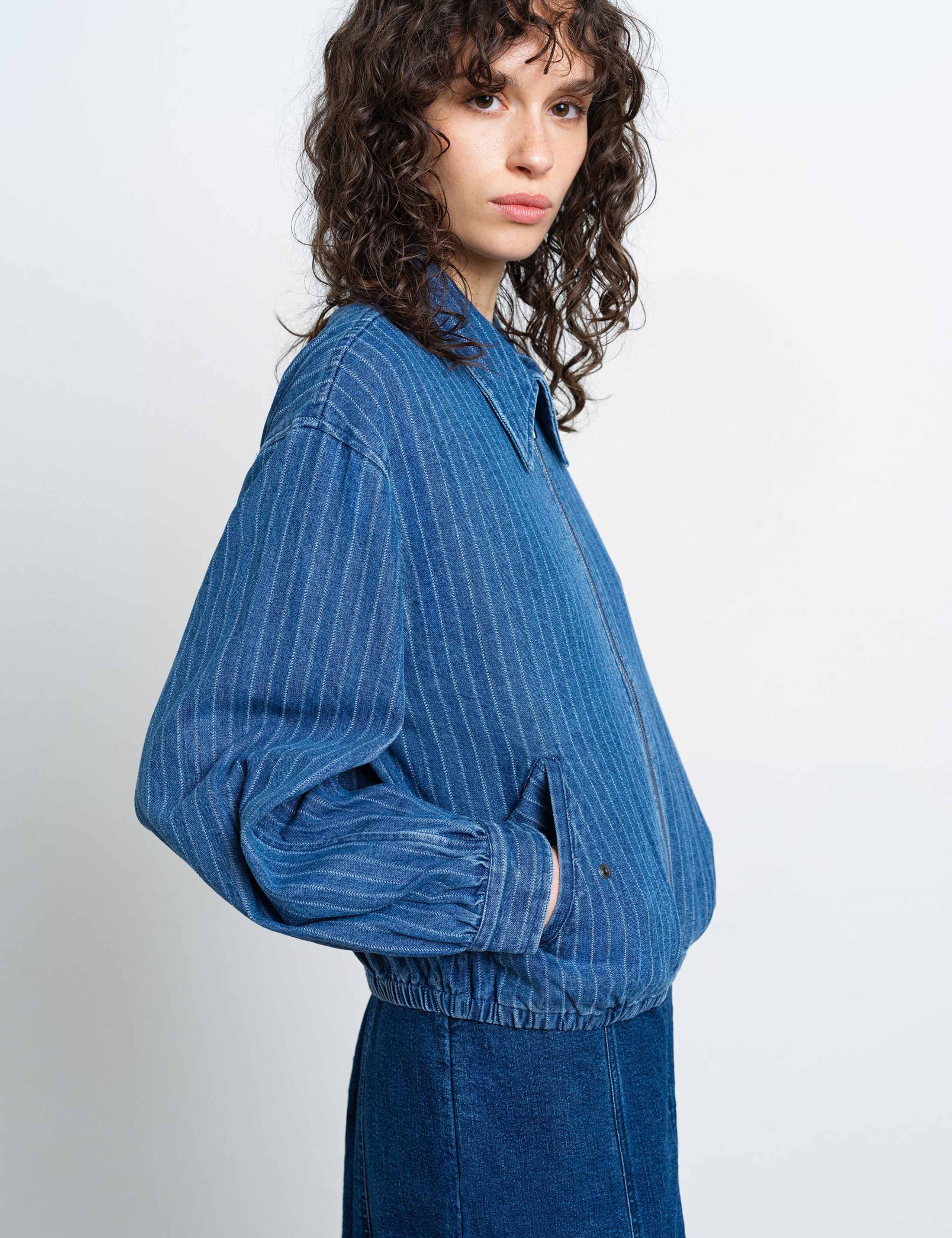 Denim Pinstriped Bomber Jacket 5 of 6