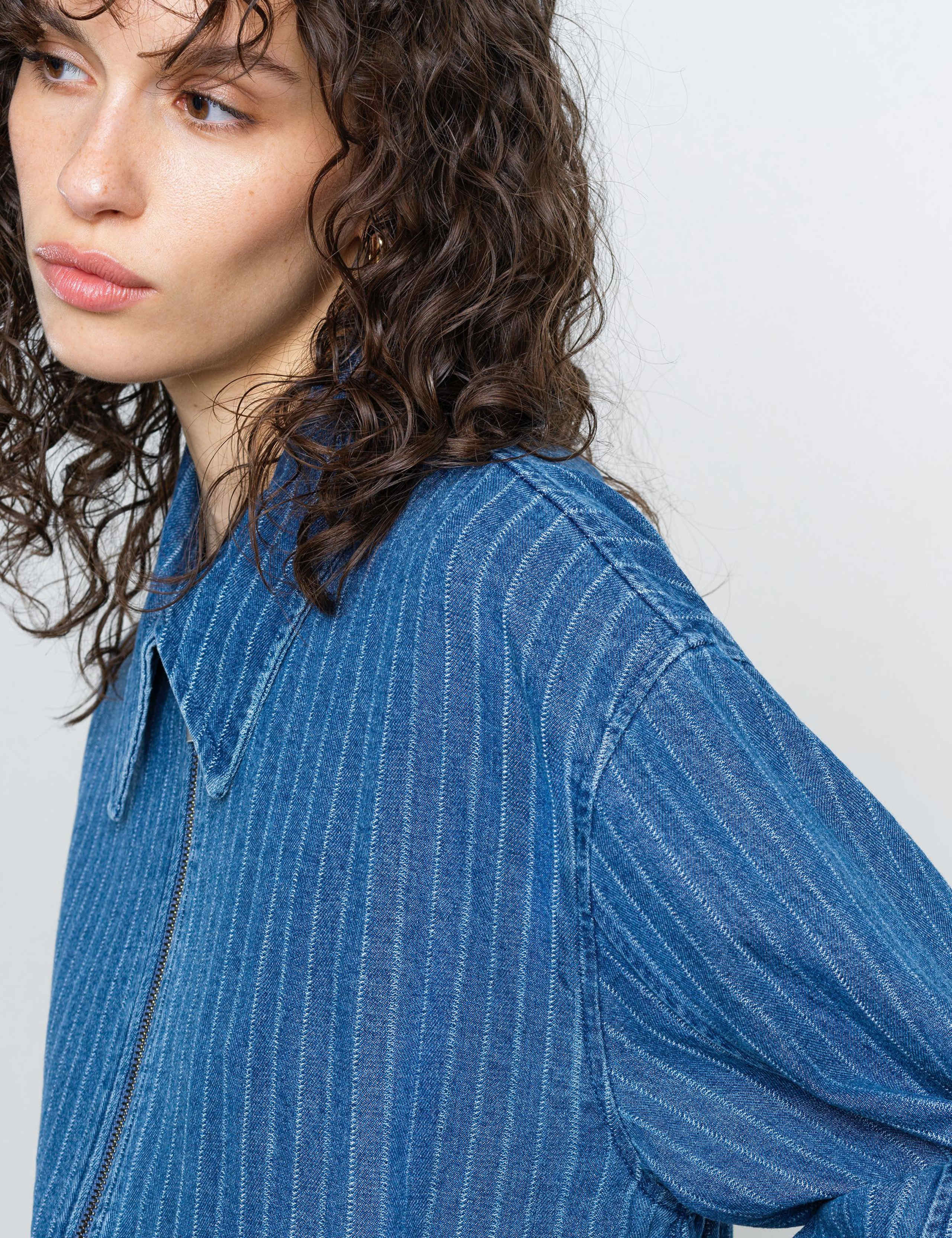 Denim Pinstriped Bomber Jacket 6 of 6
