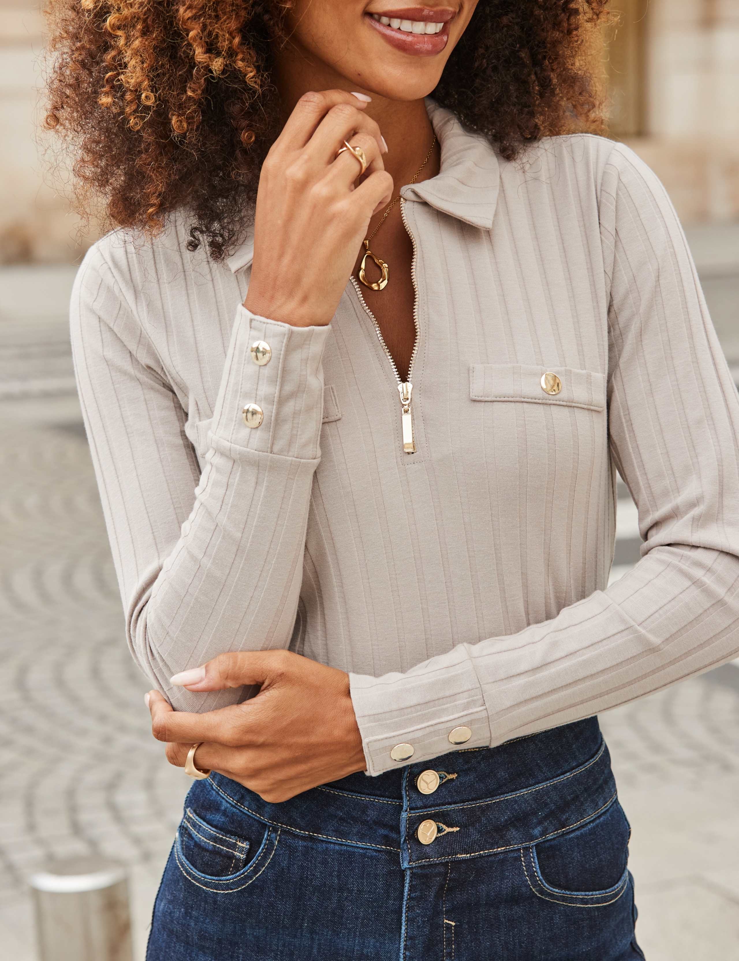 Cotton Blend Ribbed Collared Zip Front Top 7 of 7