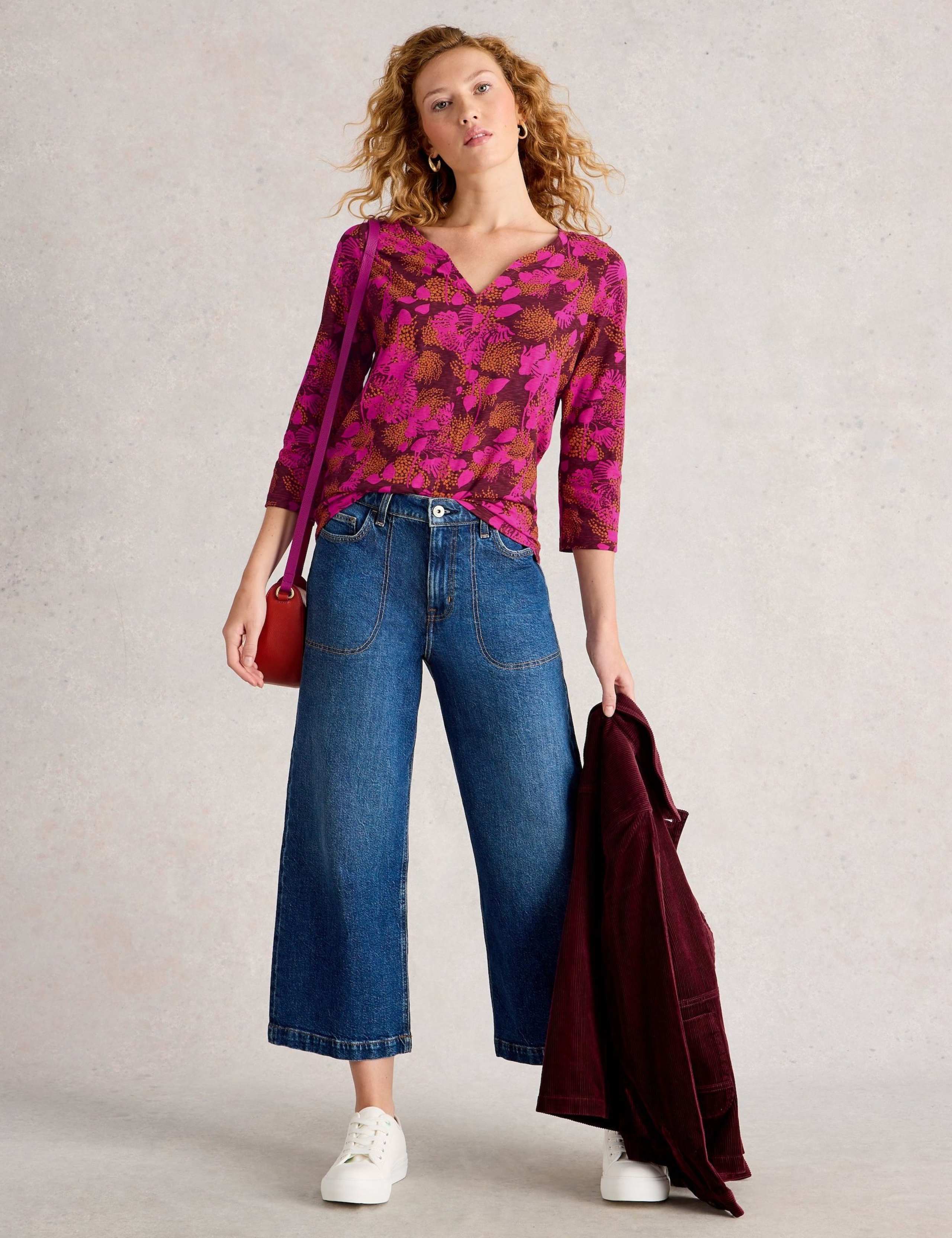 Pure Cotton Leaf Print V-Neck Top 1 of 6
