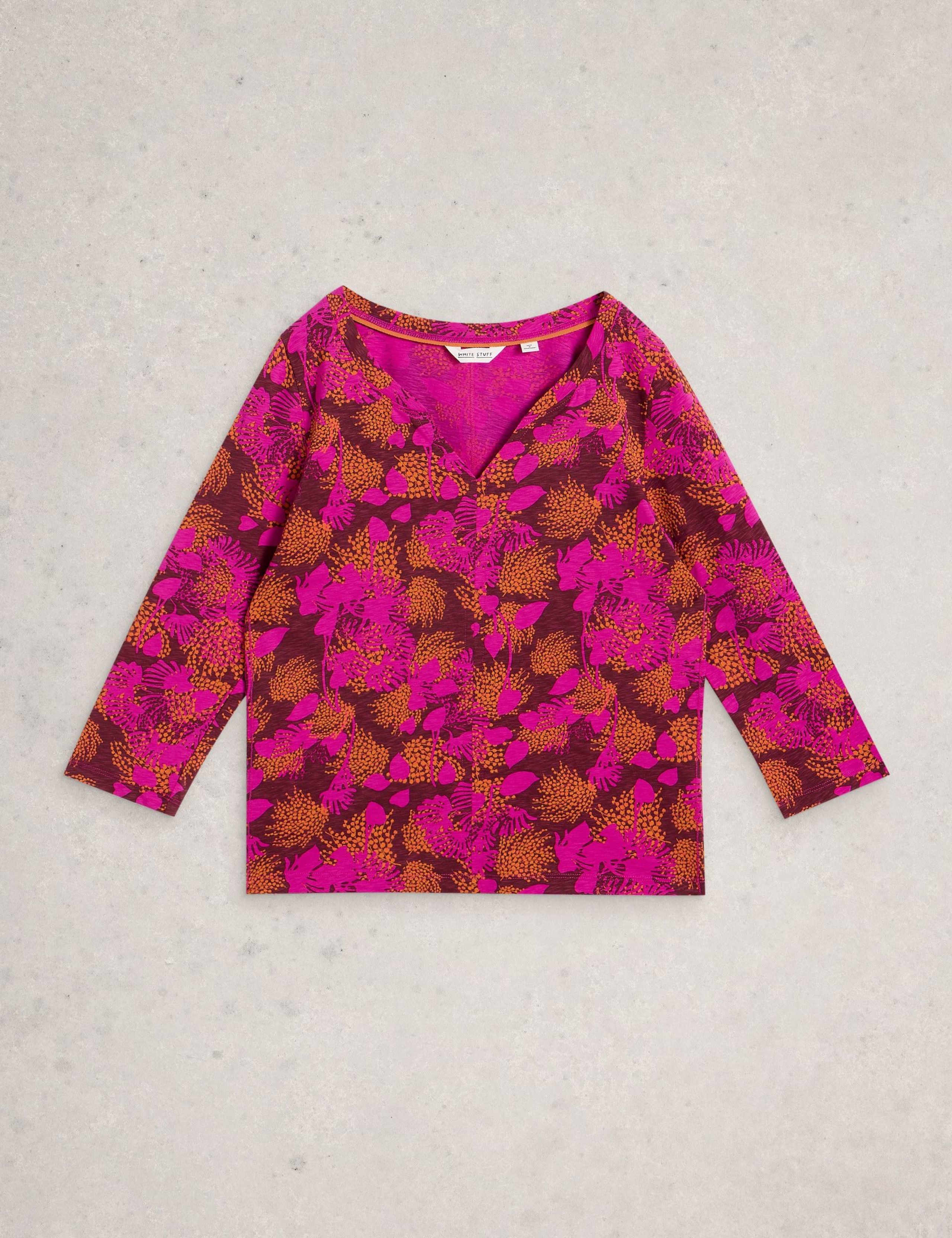 Pure Cotton Leaf Print V-Neck Top 2 of 6