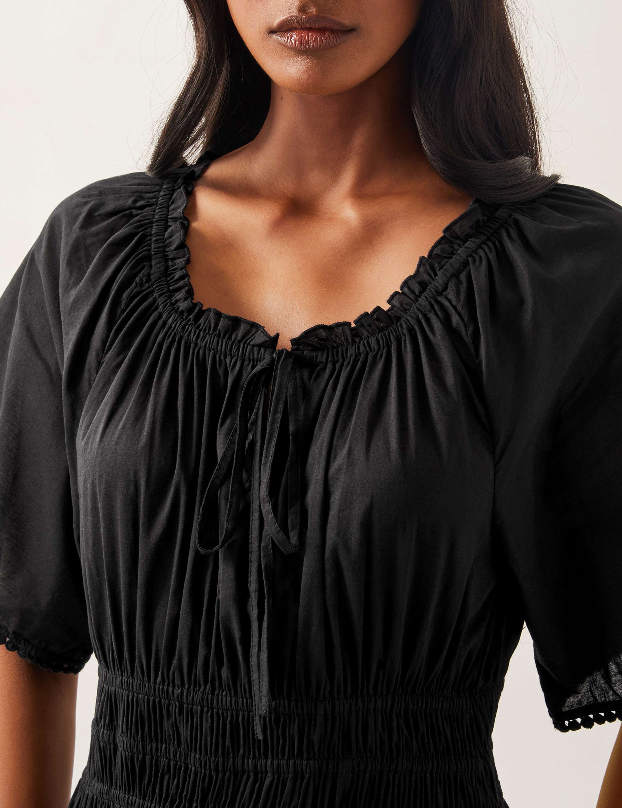 Pure Cotton Tie Neck Midi Waisted Dress 3 of 5
