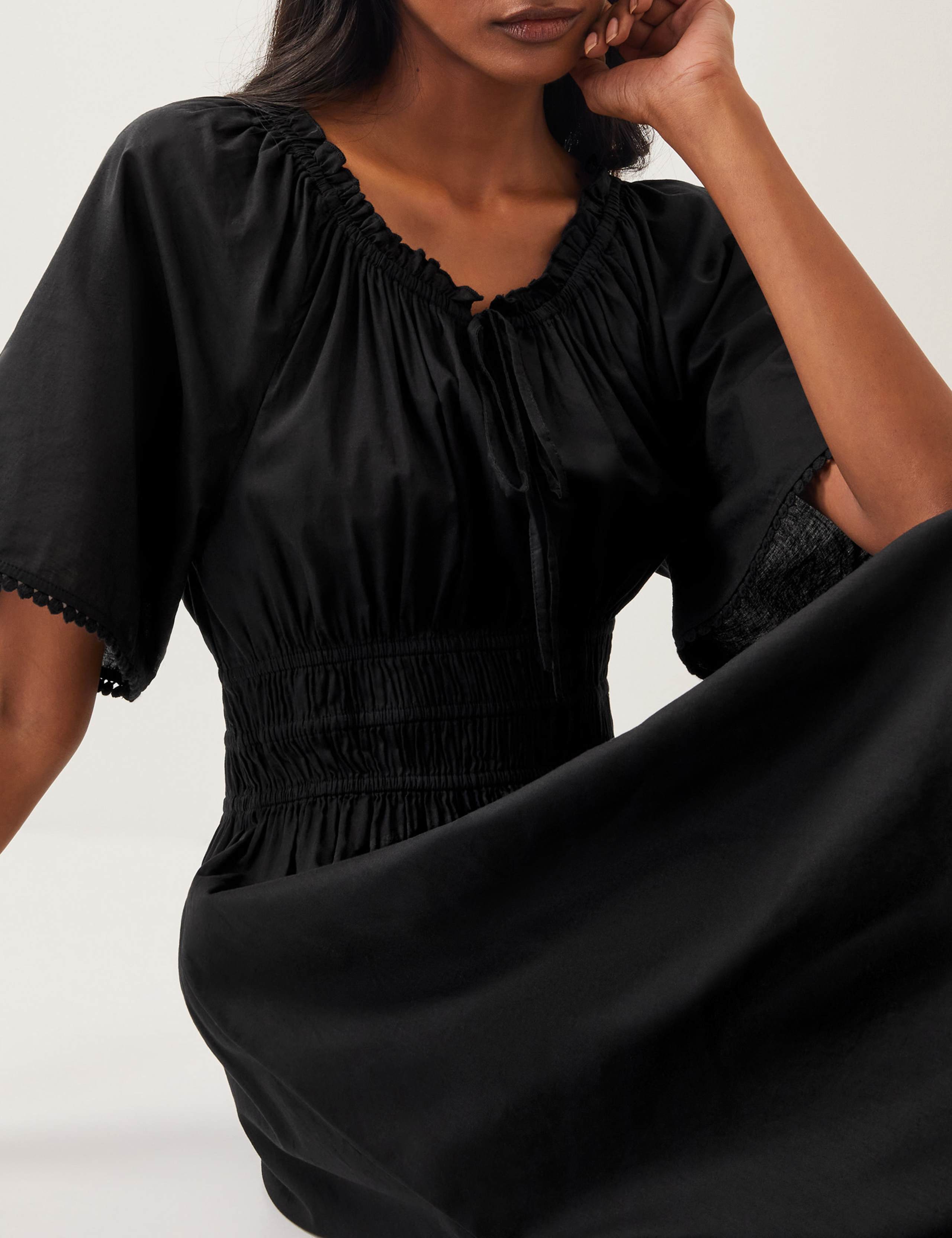 Pure Cotton Tie Neck Midi Waisted Dress 4 of 5