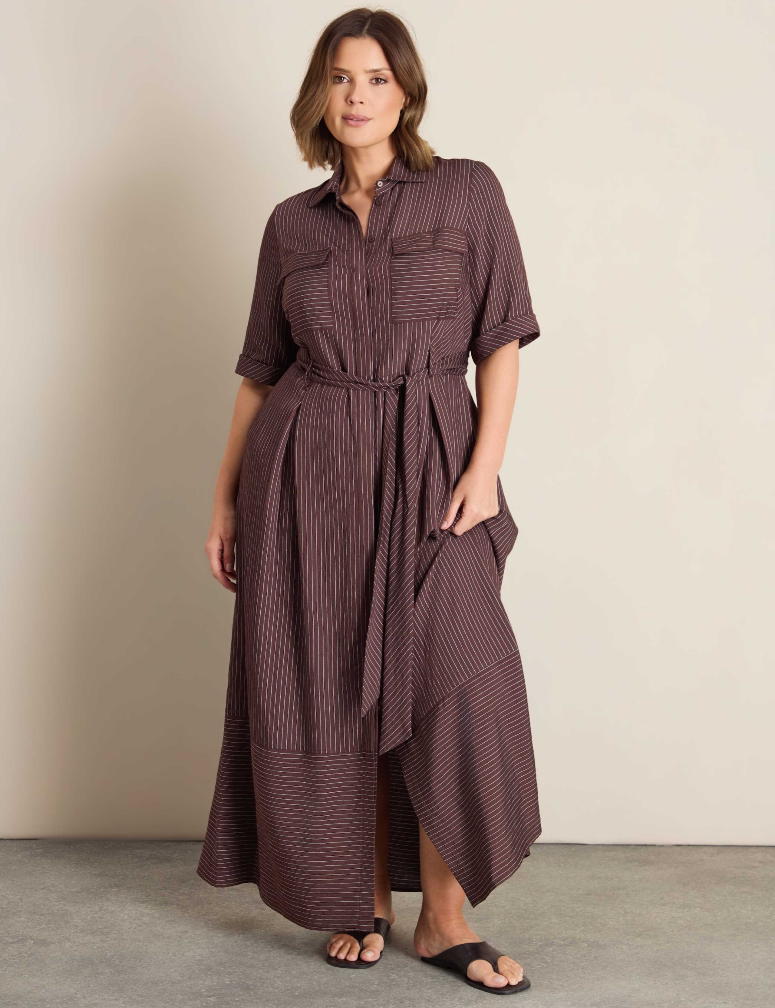 Striped Tie Waist Maxi Shirt Dress 1 of 7