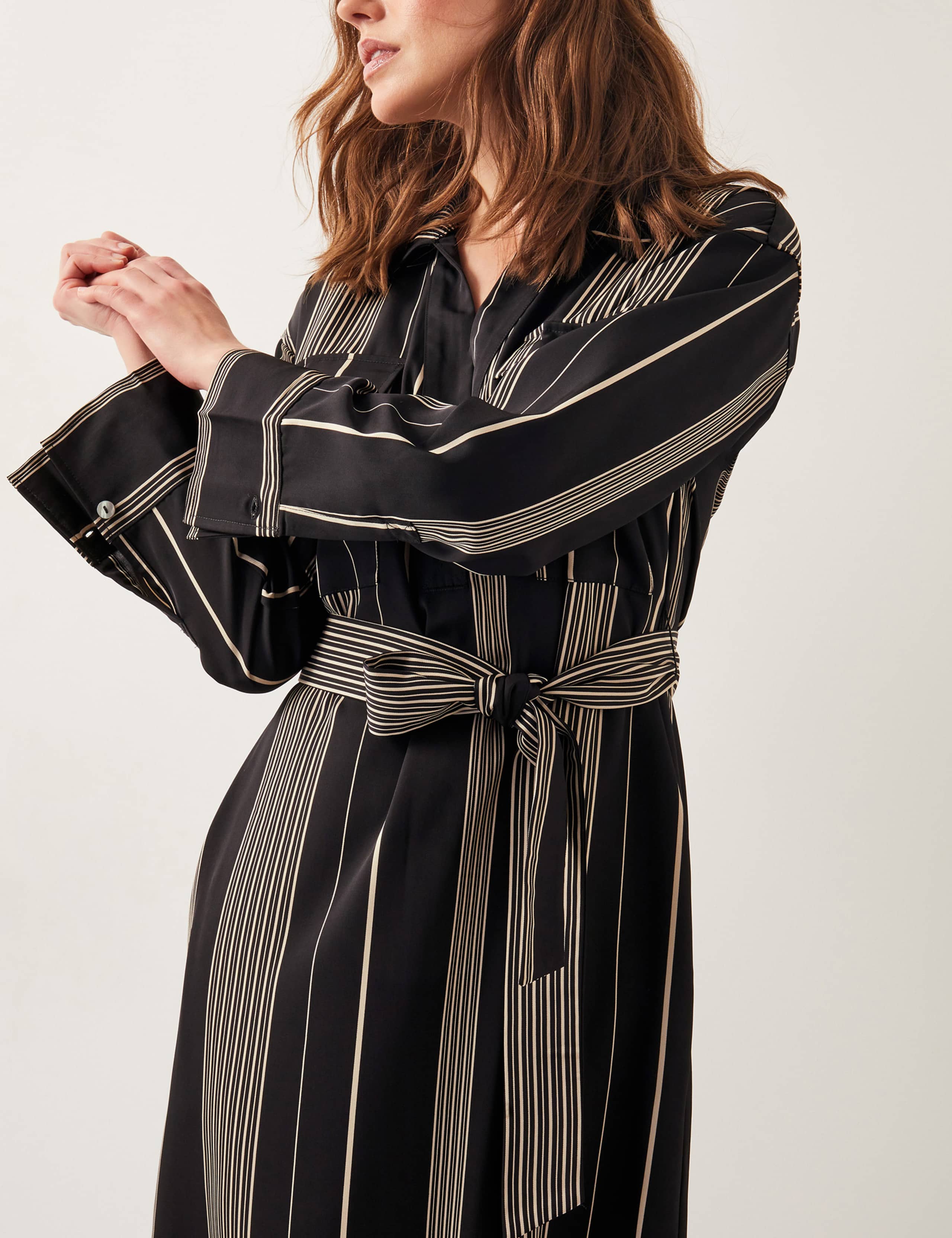 Striped V-Neck Belted Midi Shirt Dress 3 of 6