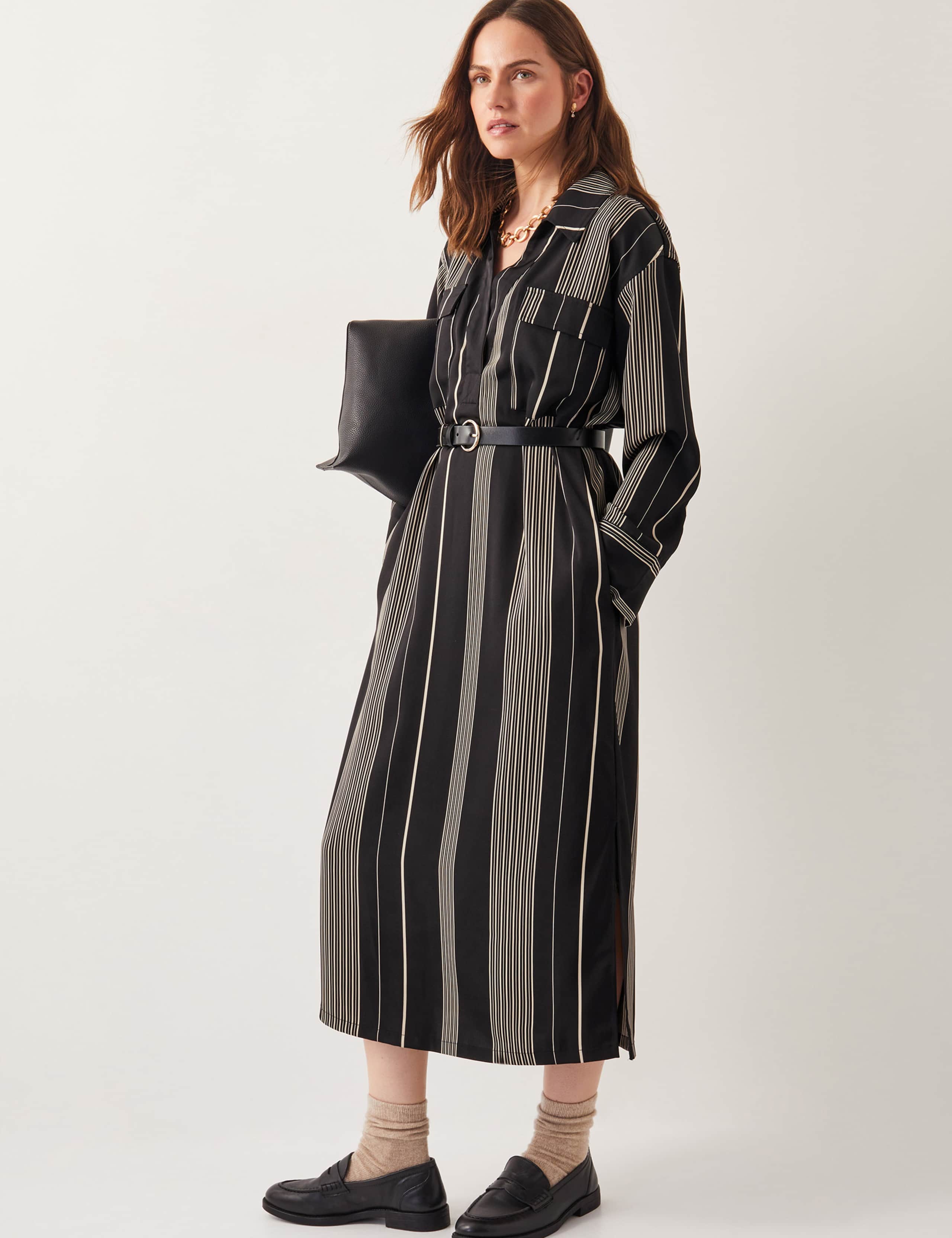 Striped V-Neck Belted Midi Shirt Dress 4 of 6
