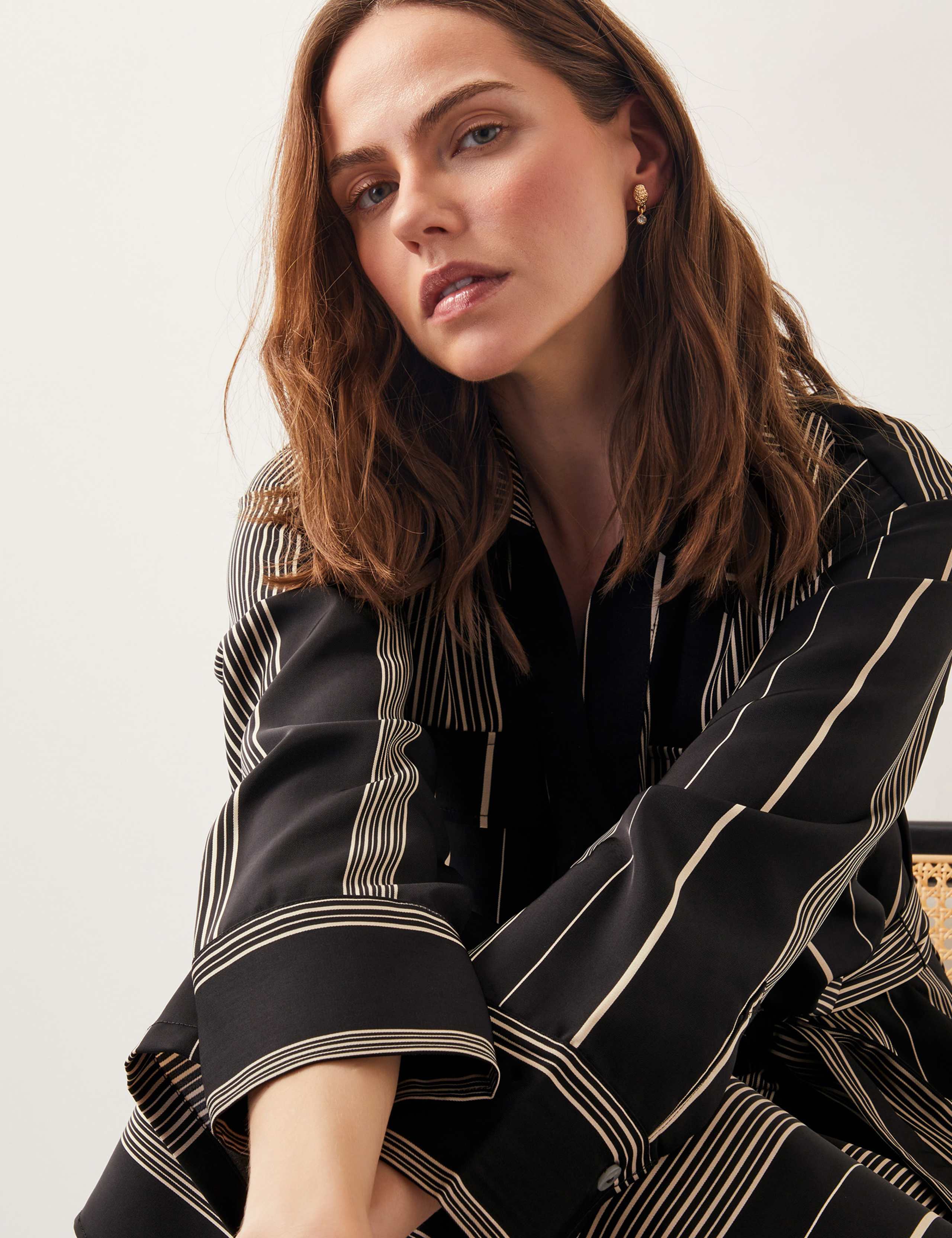 Striped V-Neck Belted Midi Shirt Dress 5 of 6