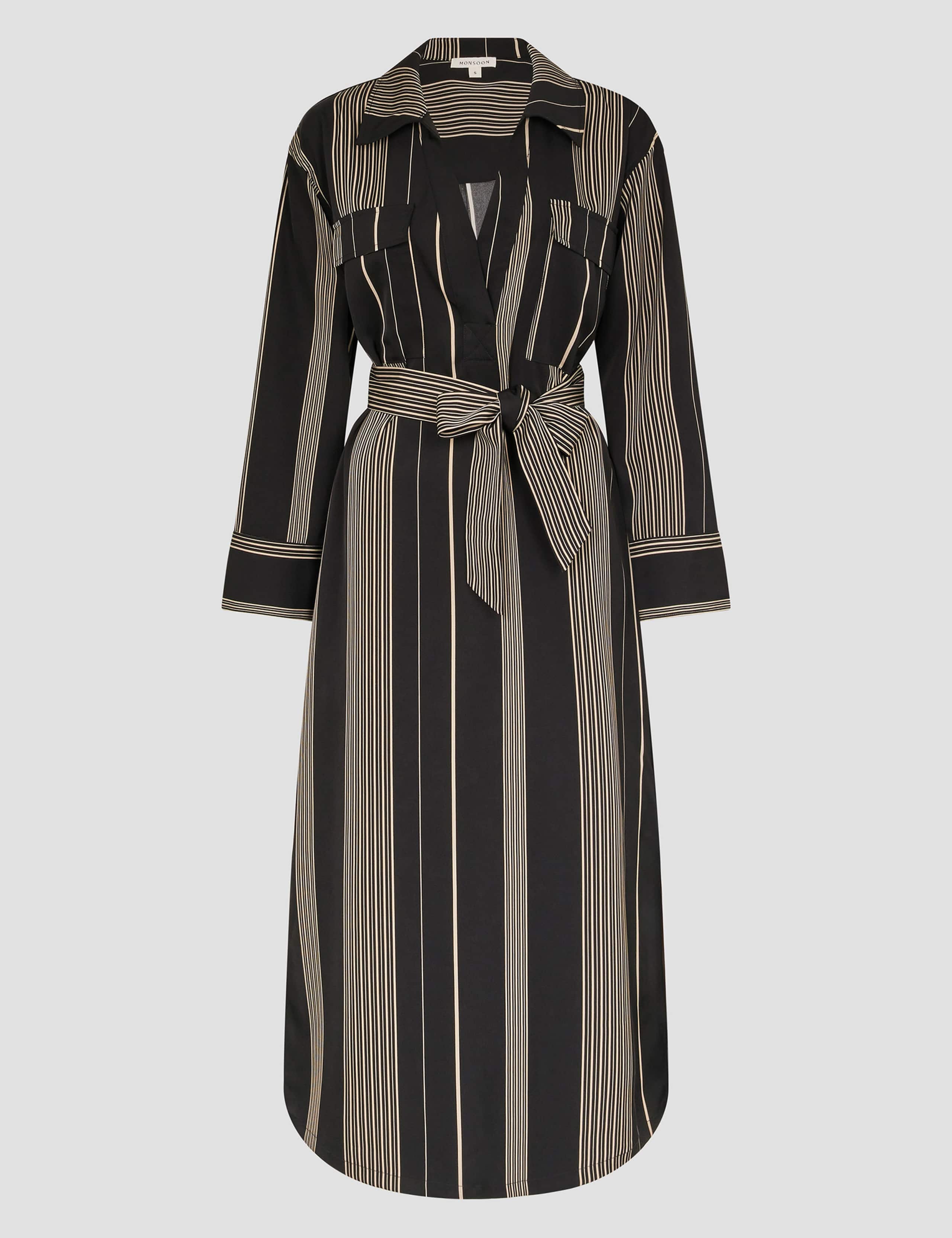 Striped V-Neck Belted Midi Shirt Dress 2 of 6