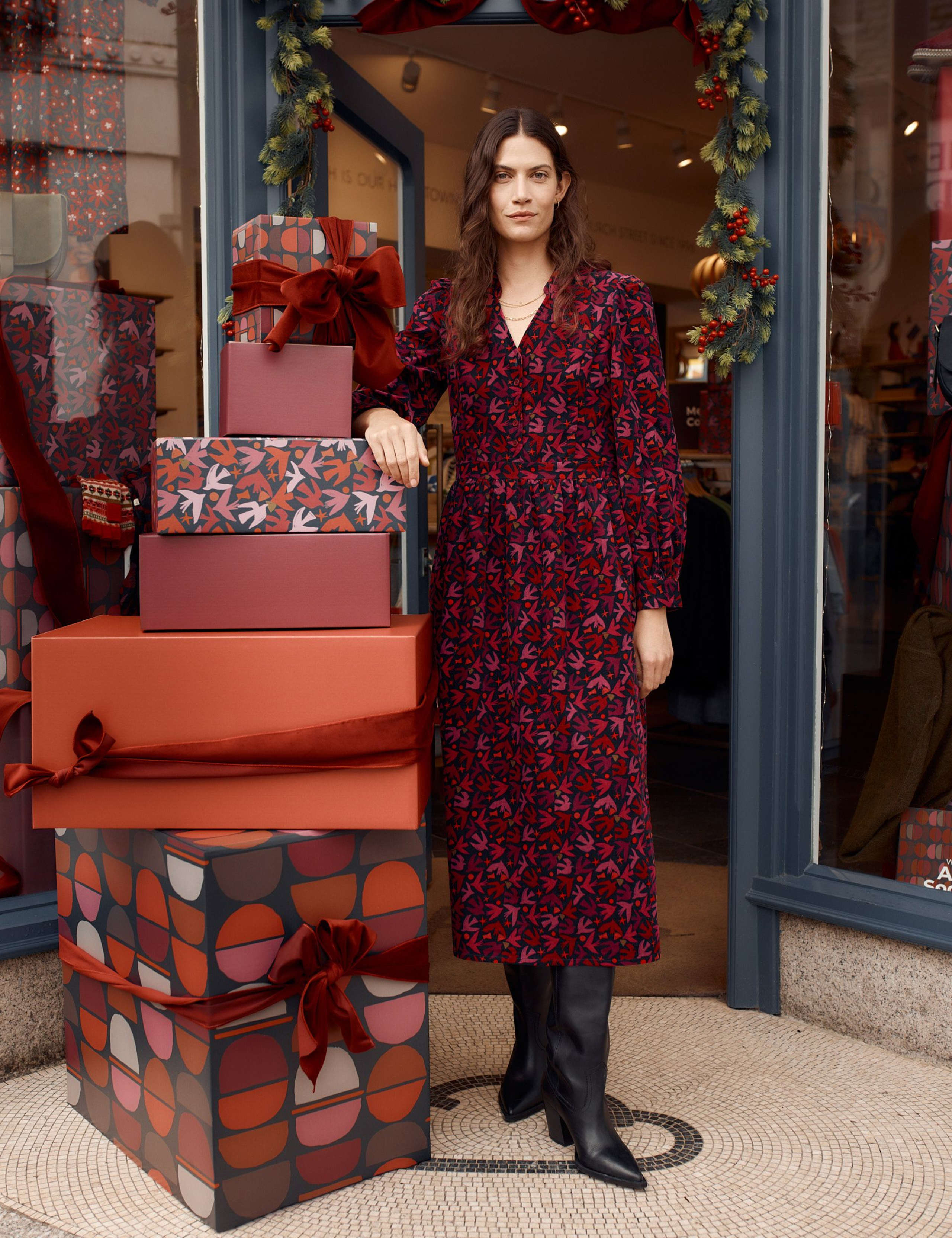 Pure Cotton Cord Printed Waisted Midi Dress 1 of 6