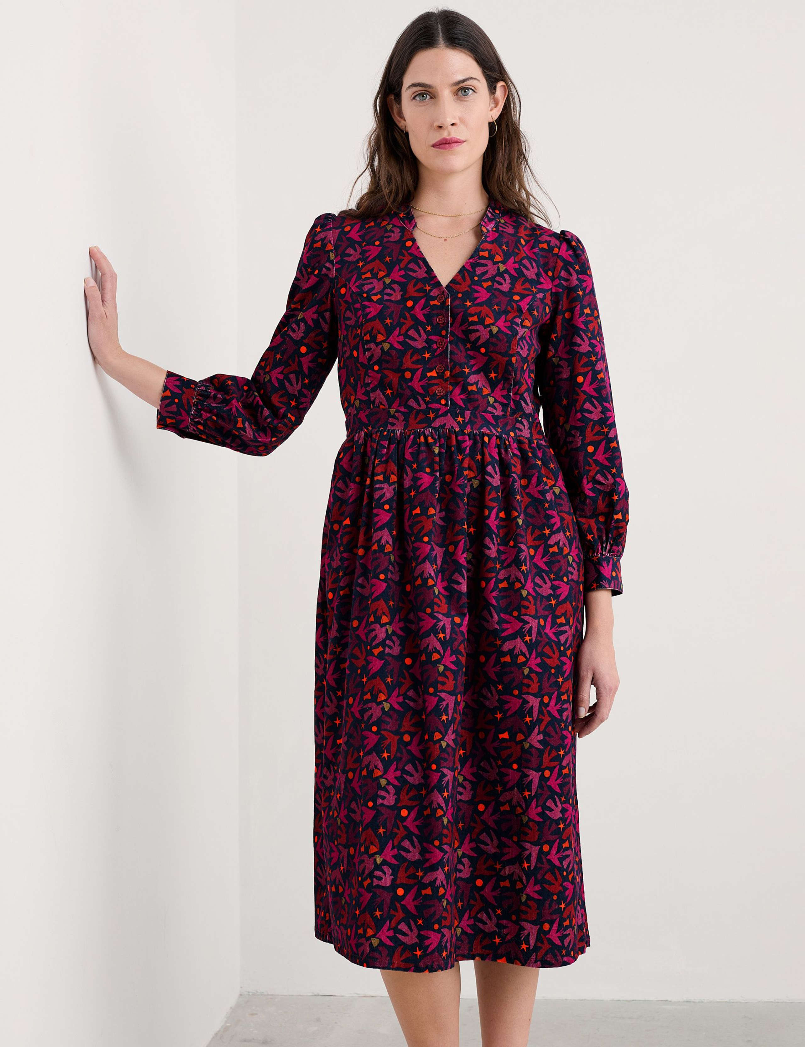 Pure Cotton Cord Printed Waisted Midi Dress 5 of 6