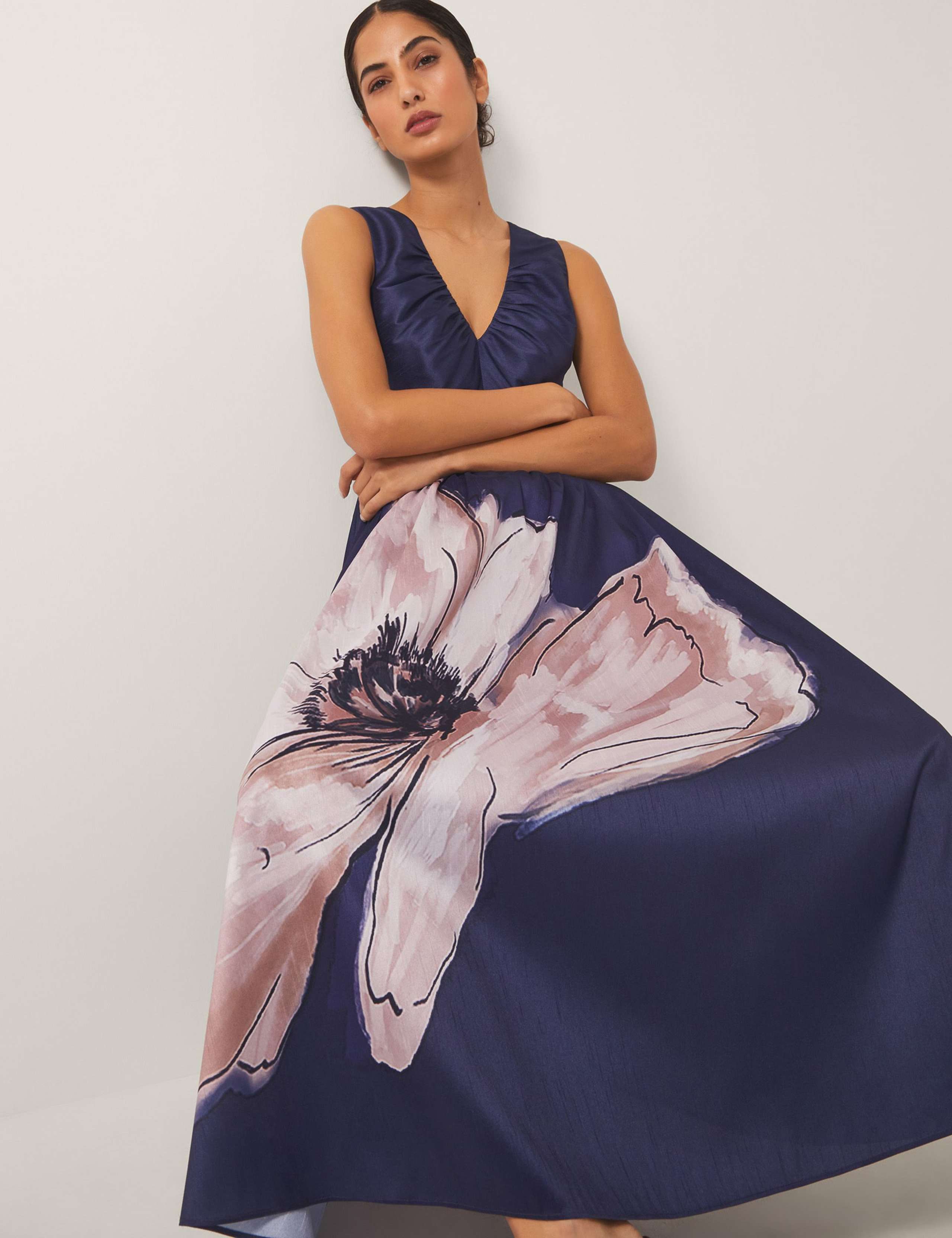 Satin Floral V-Neck Ruched Midi Skater Dress 5 of 5