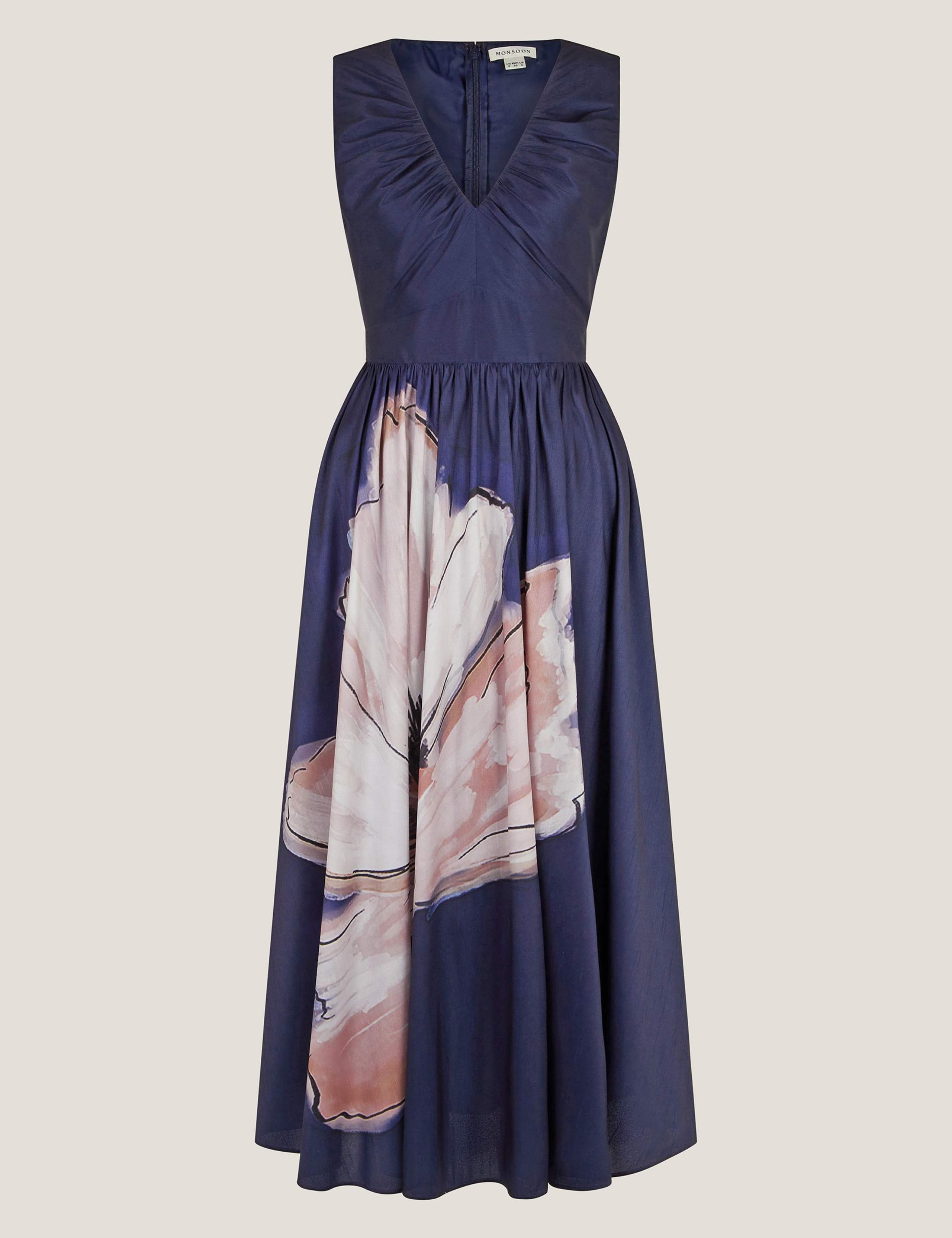 Satin Floral V-Neck Ruched Midi Skater Dress 2 of 5