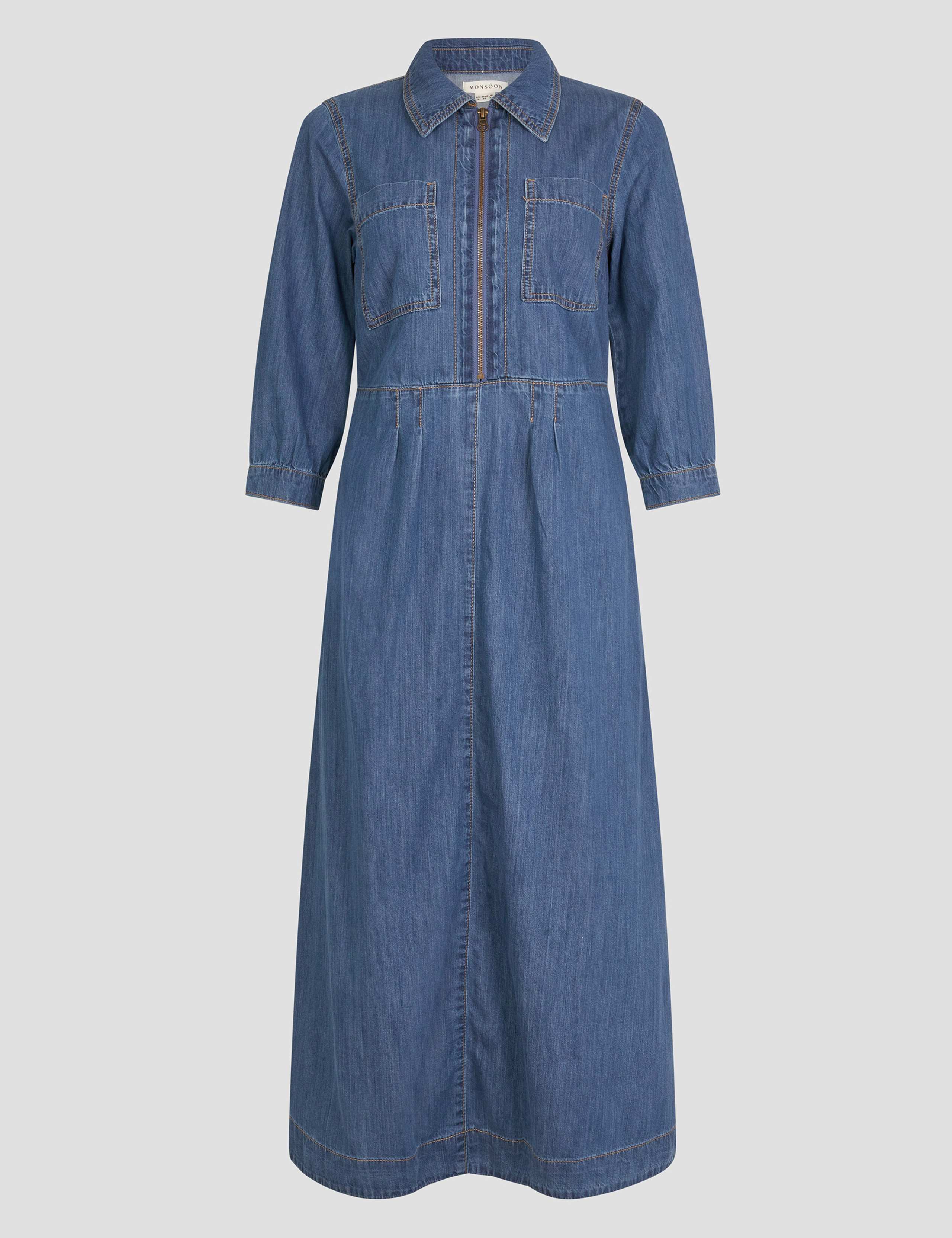 Denim Zip Up Midi Shirt Dress 2 of 5