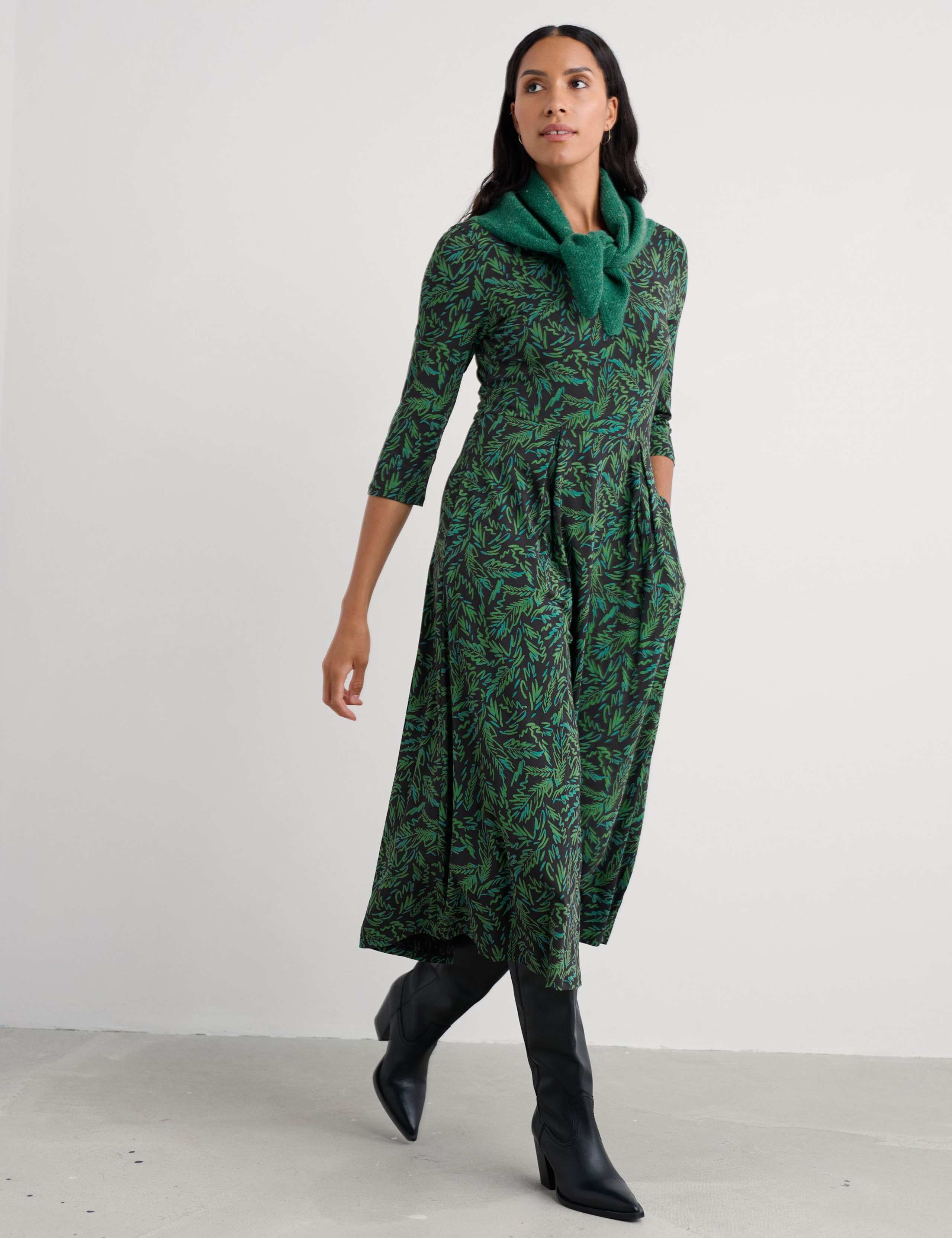 Cotton Rich Jersey Leaf Print Waisted Dress 1 of 5