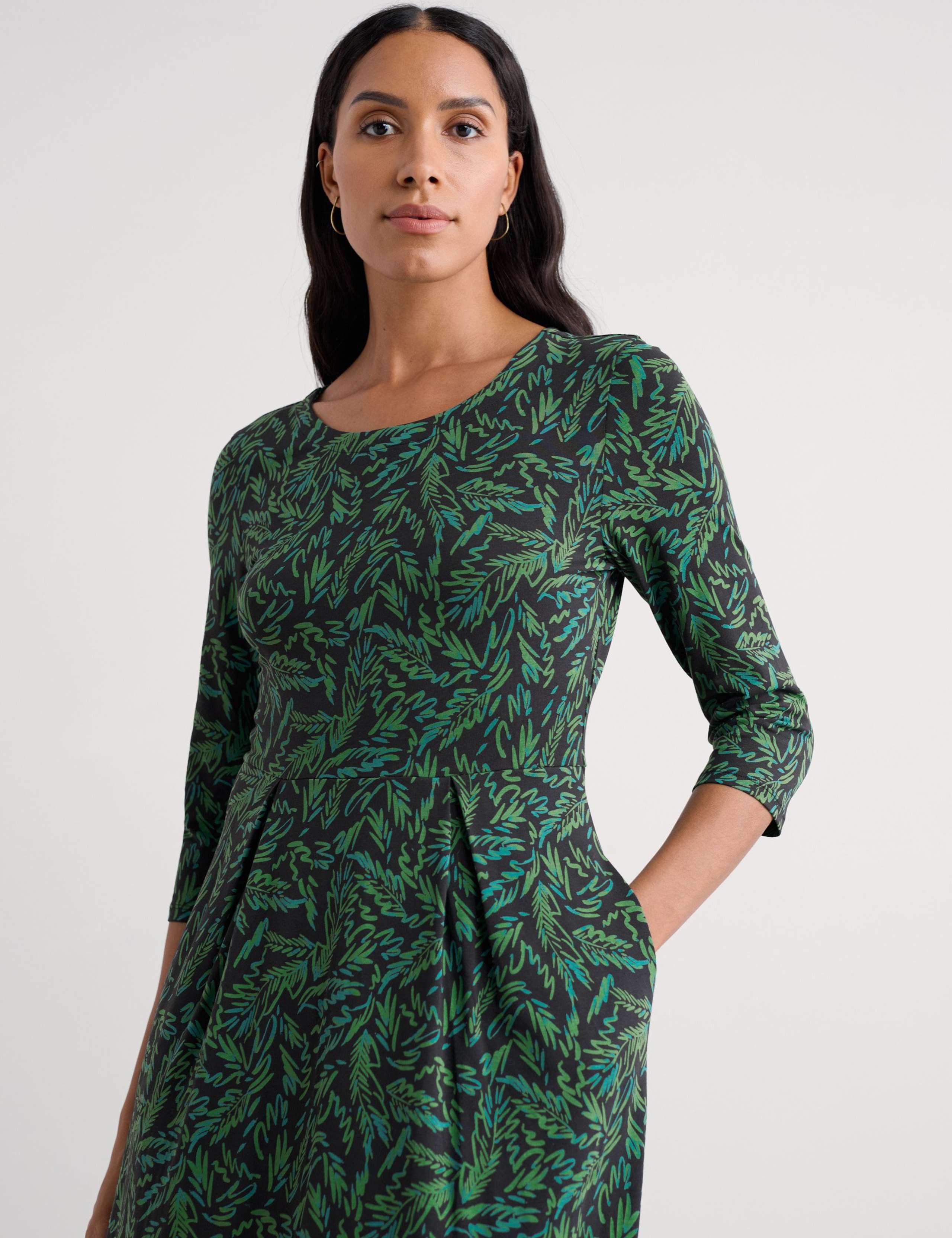 Cotton Rich Jersey Leaf Print Waisted Dress 3 of 5