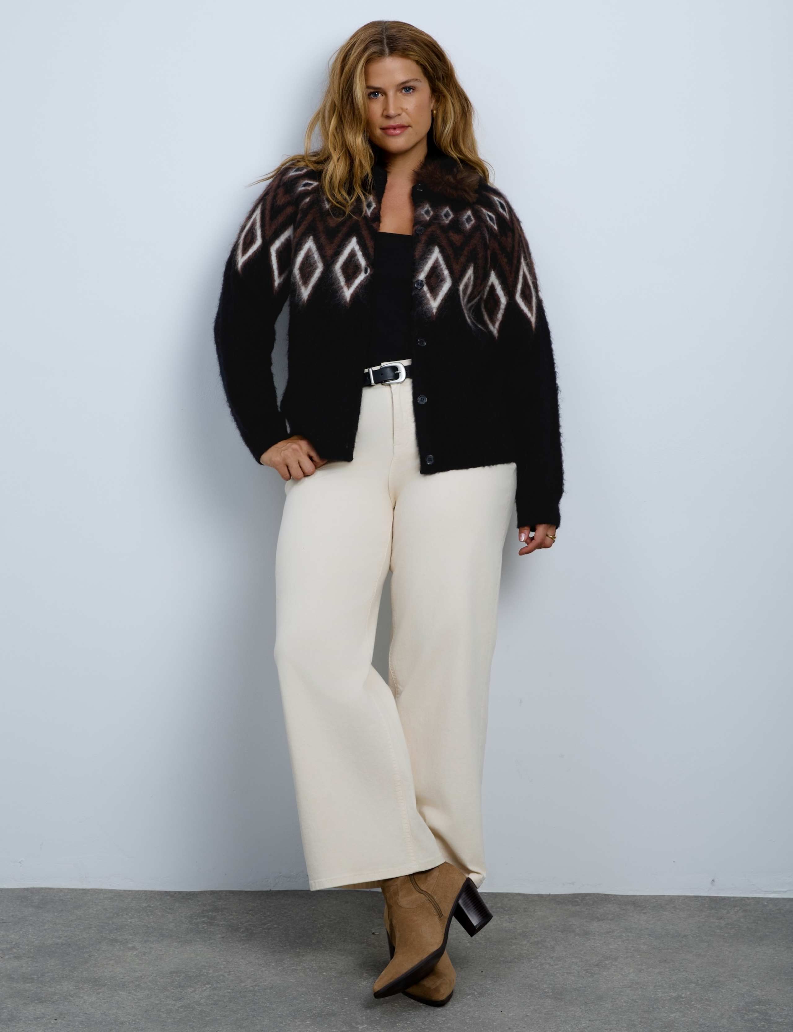 Wool Blend Fair Isle Faux Fur Collar Cardigan 4 of 9
