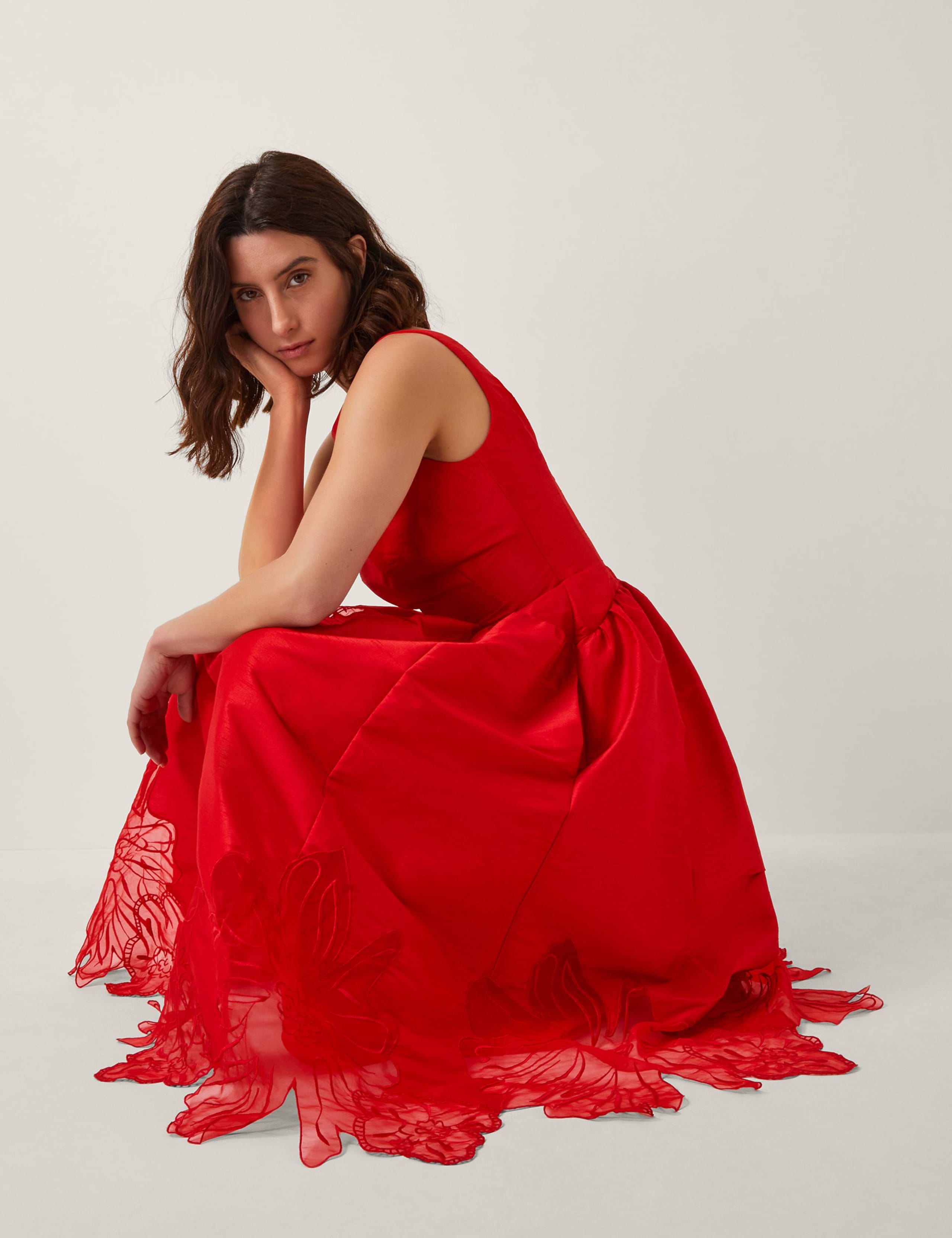 Satin Floral Embroidered Cut Work Midi Skater Dress 6 of 6