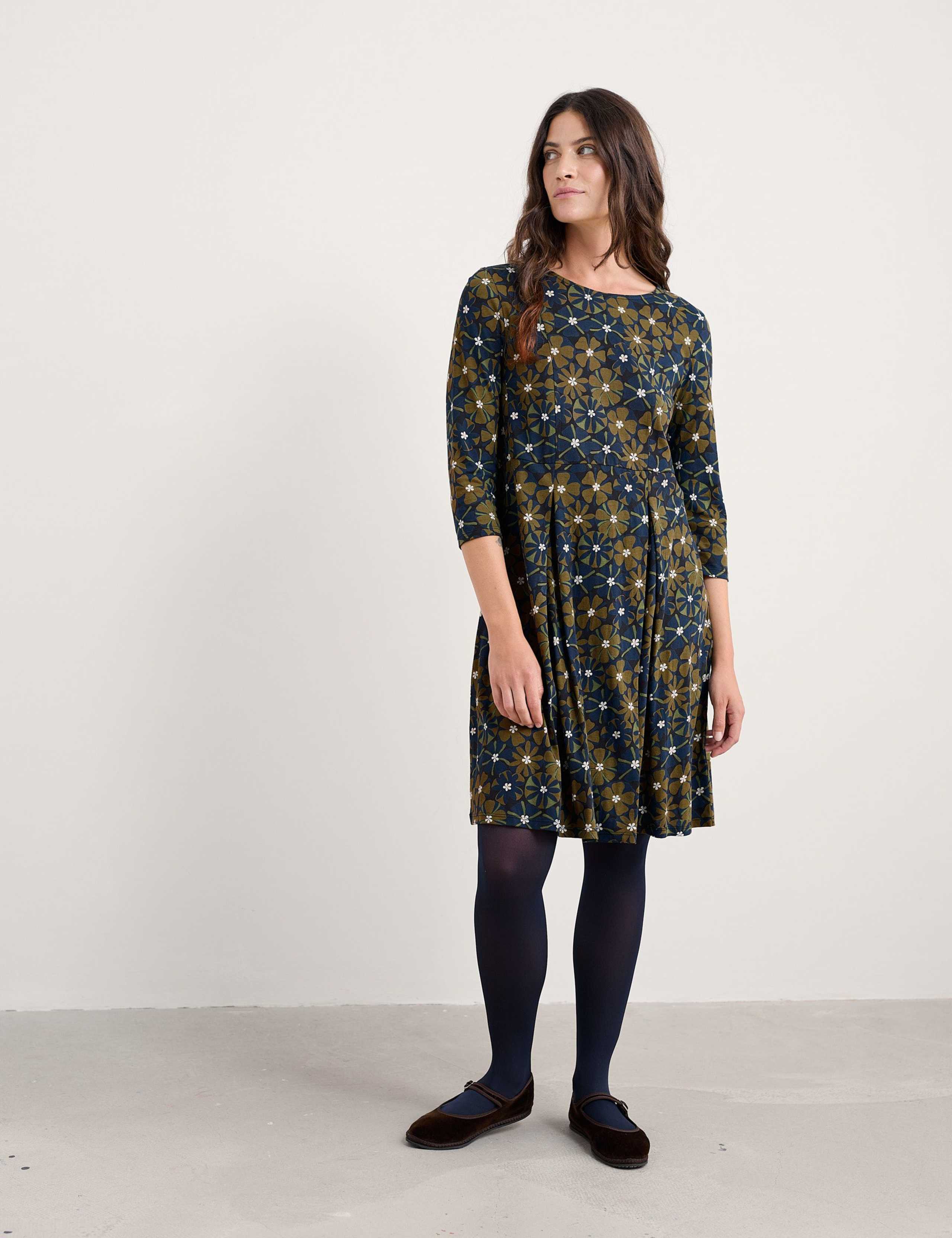 Cotton Rich Floral Knee Length Waisted Dress 1 of 5