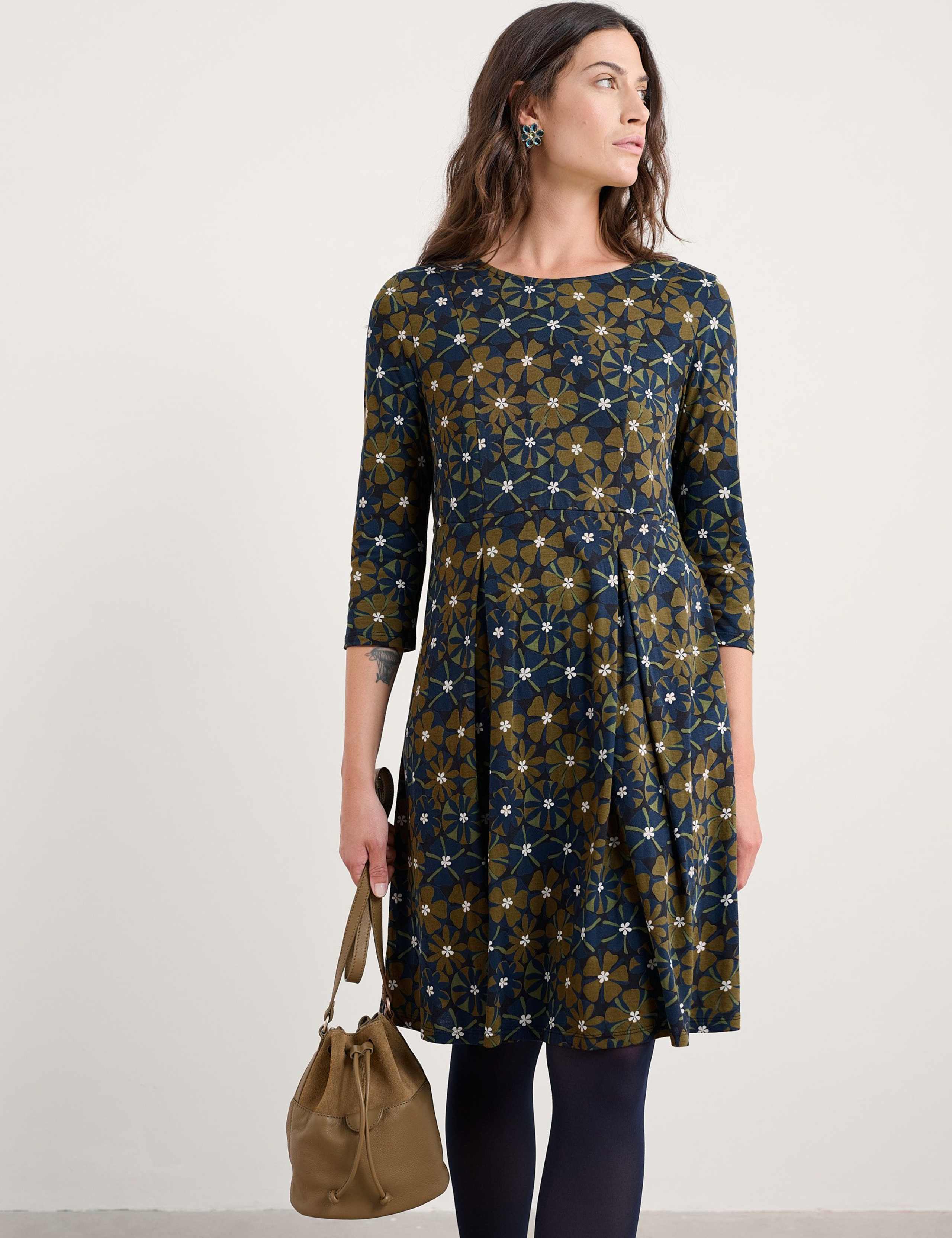 Cotton Rich Floral Knee Length Waisted Dress 3 of 5