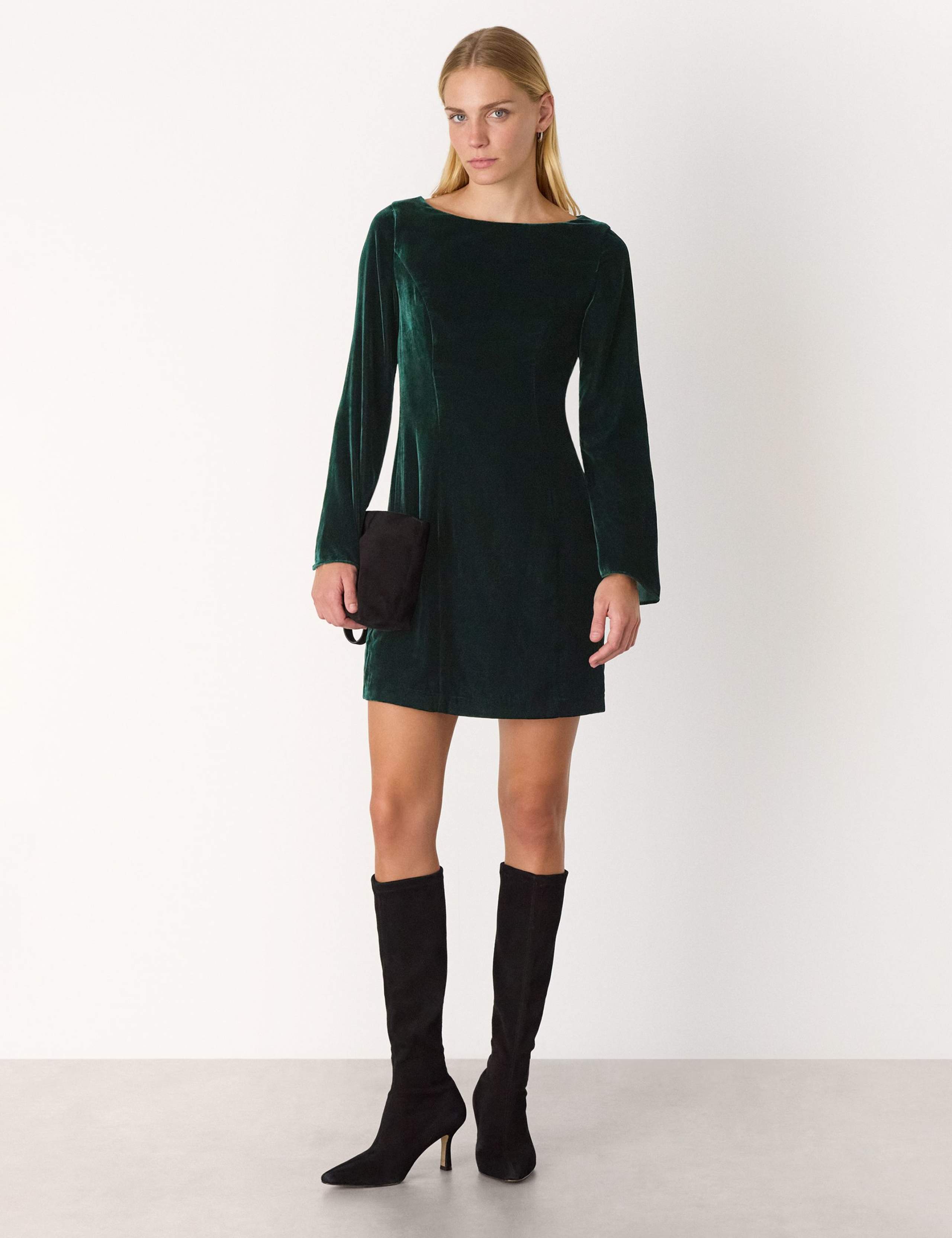 Velvet Flare Sleeve Mini Shift Dress 1 of 4