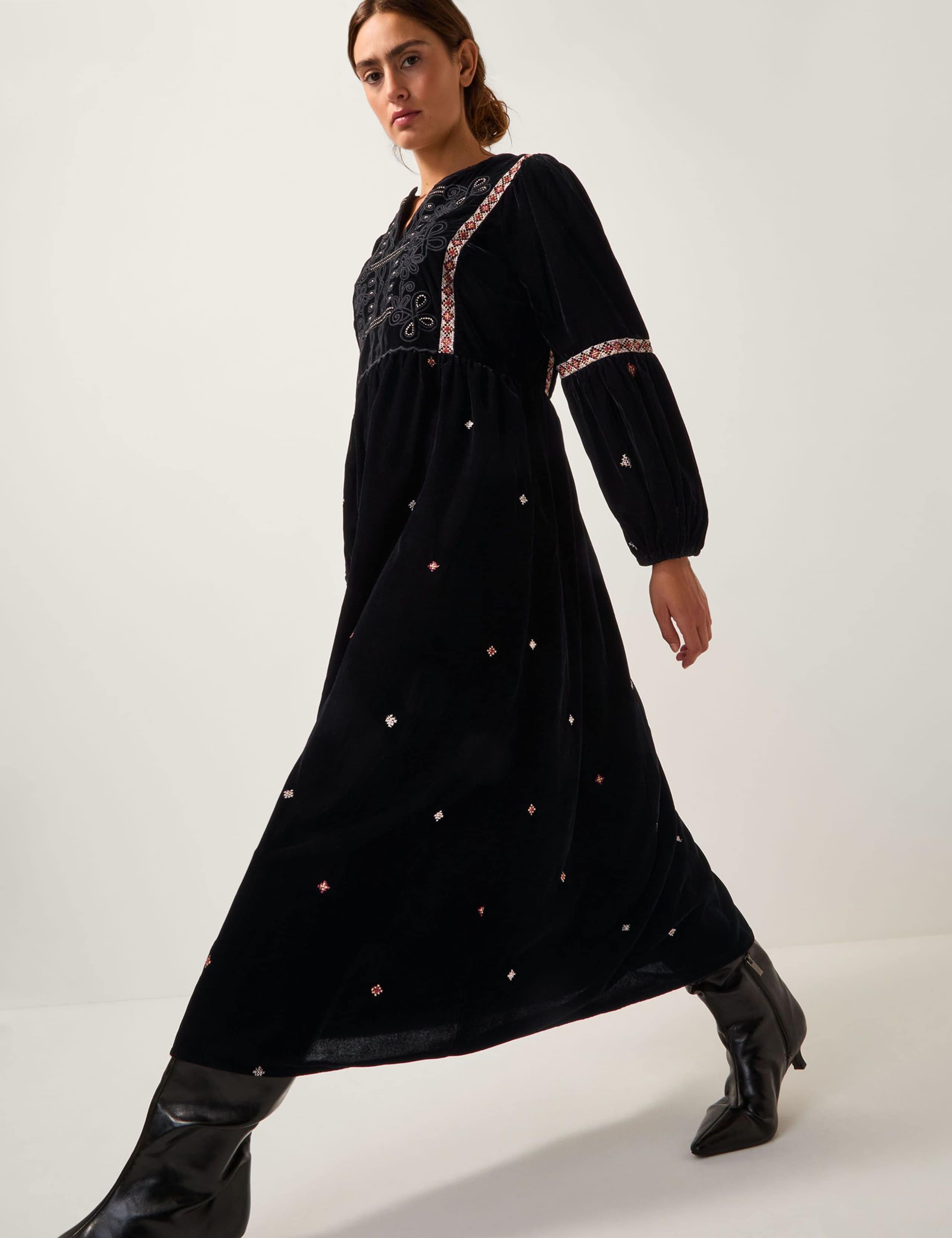 Velvet Embroidered Midi Smock Dress 1 of 4