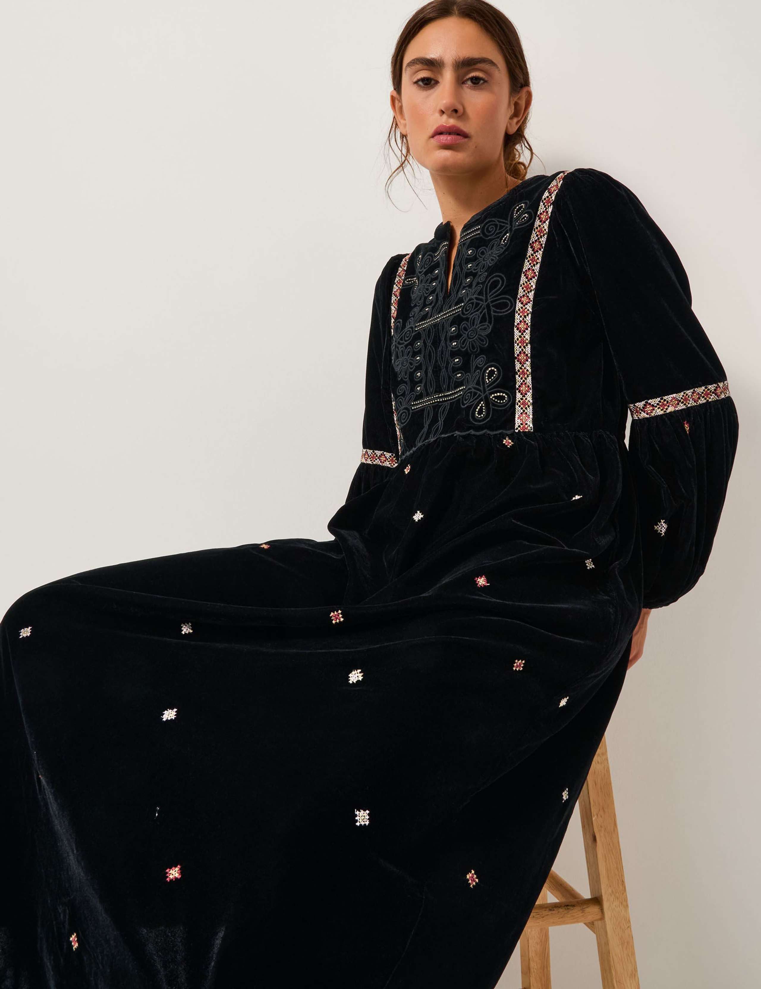 Velvet Embroidered Midi Smock Dress 3 of 4